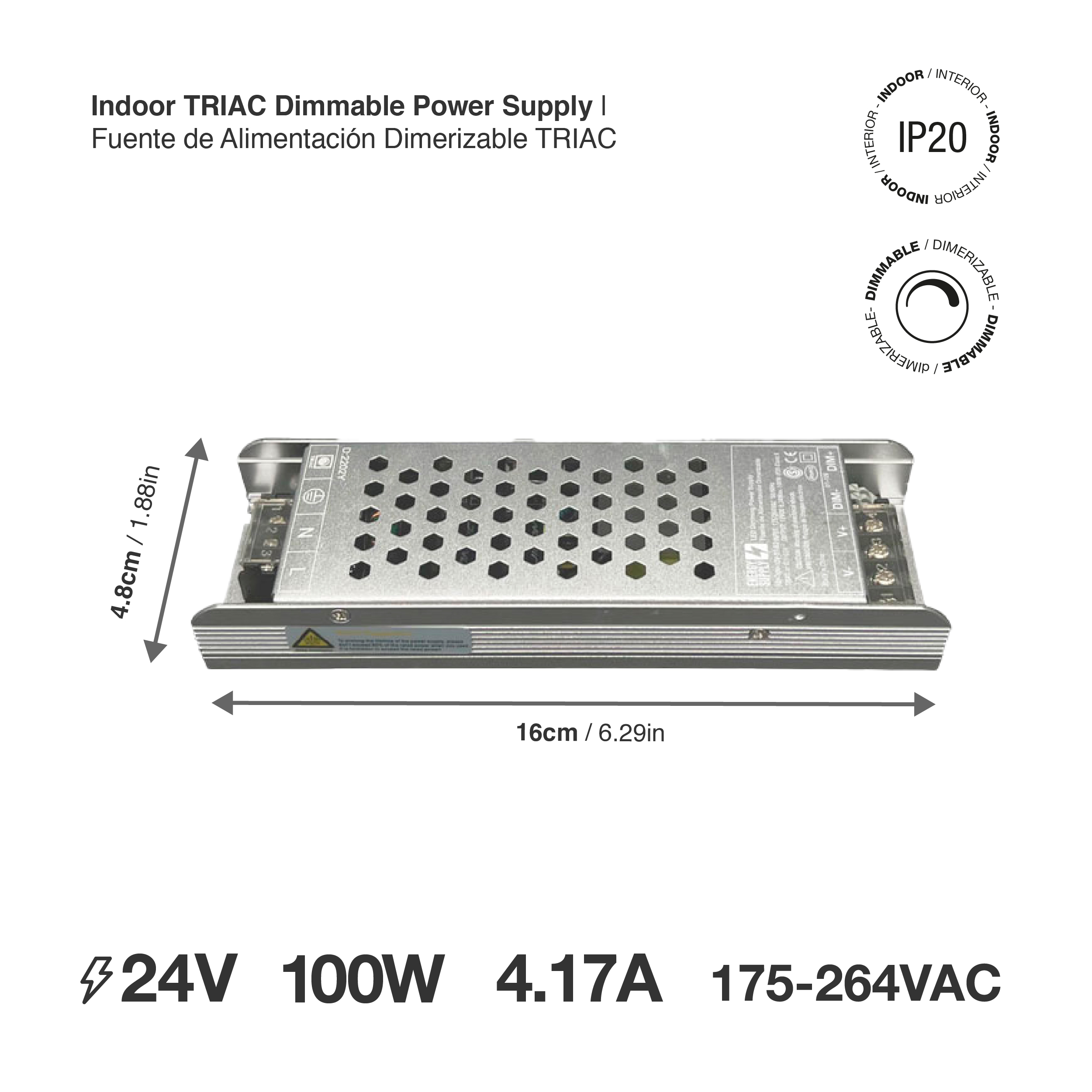 Fuente de Alimentación Dimerizable TRIAC & 0-10v, 24V 4A 100W, Interior