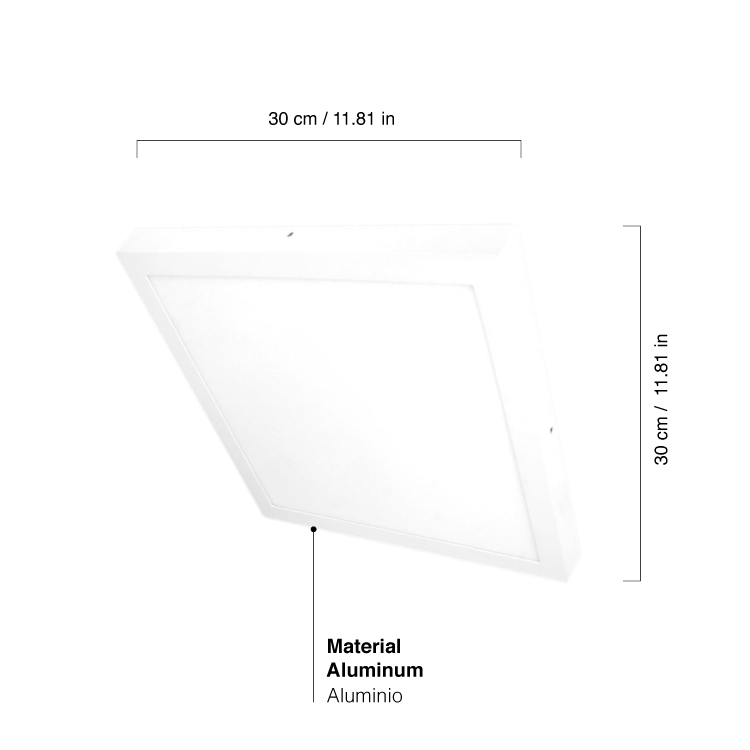 Plafón LED cuadrado de 30x30cm, 24W 1800lm blanco Cálido, aplicar