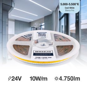 Tira LED COB Freecut 24V 10W/m Blanco Frío 950lm/m 528LEDs/m, 8mm PCB IP33 x5m