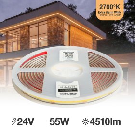 Tira LED COB 24V 11W/m Blanco Extra Blanco Cálido 2700°K 902lm/m, 8mm PCB IP65 x5m
