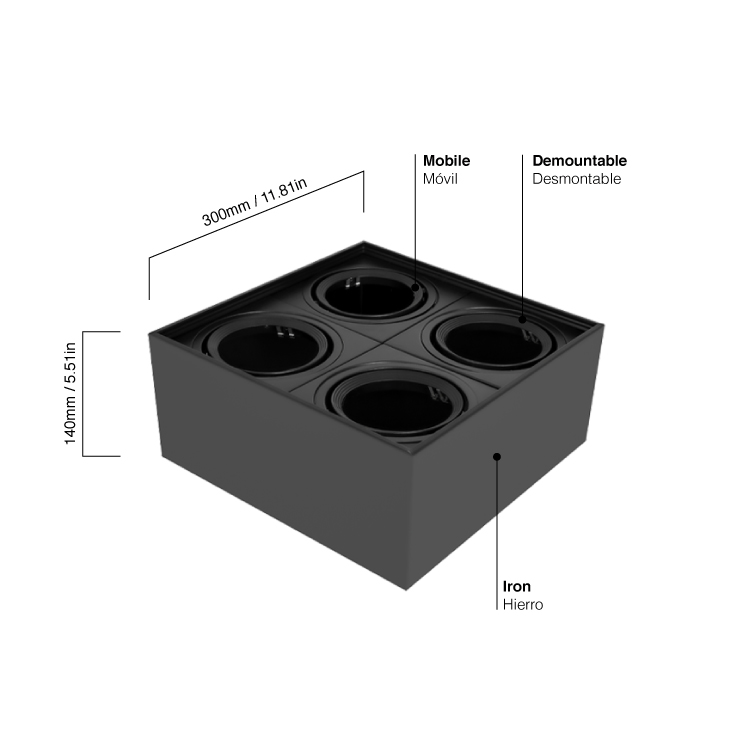 Luminaria BOX de Aplicar Negro de 30x30x14cm, para 4 Lámparas AR111