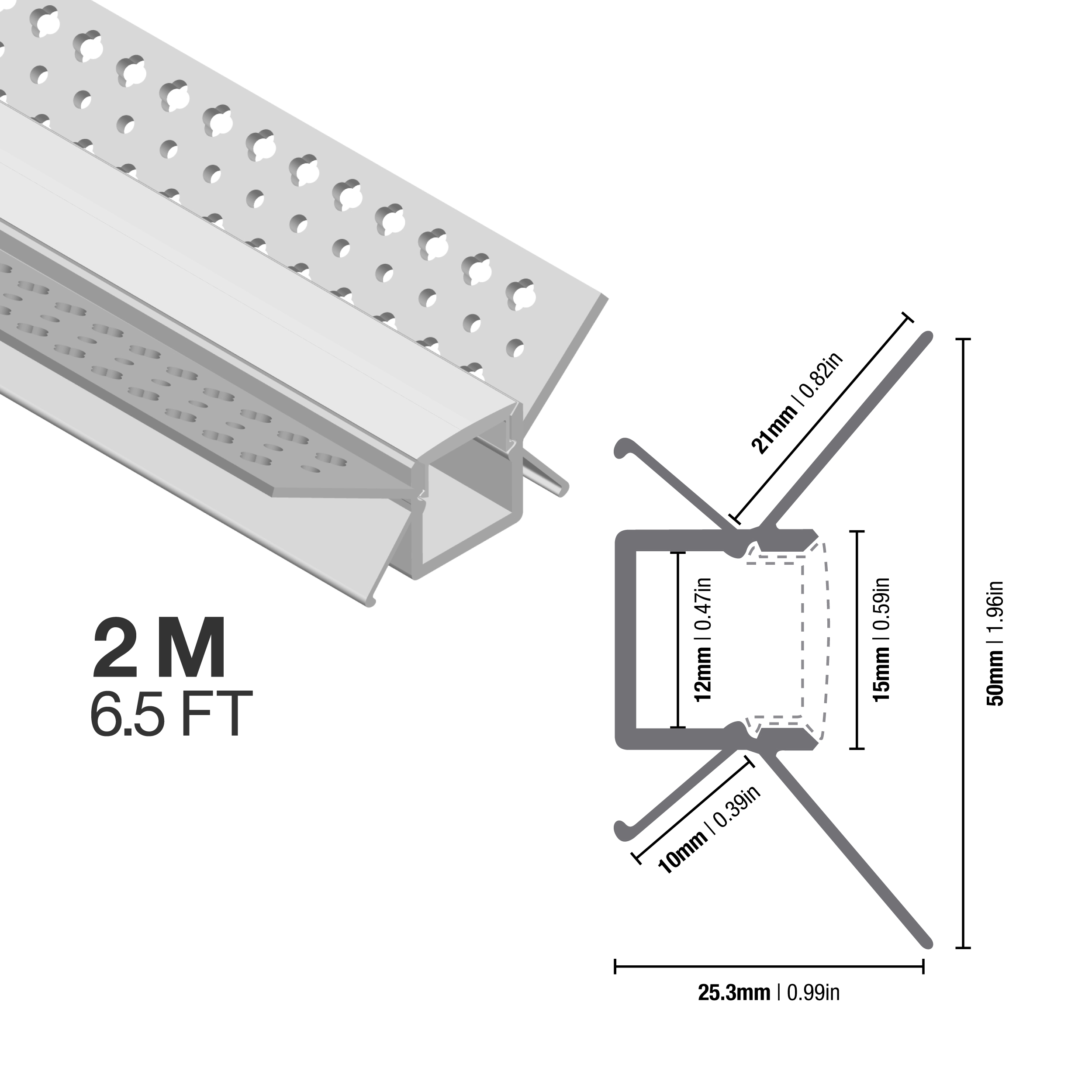 Perfil de Aluminio Esquina Interior de Embutir 50x25,3mm Anodizado, Cover Opal Blanco x2m