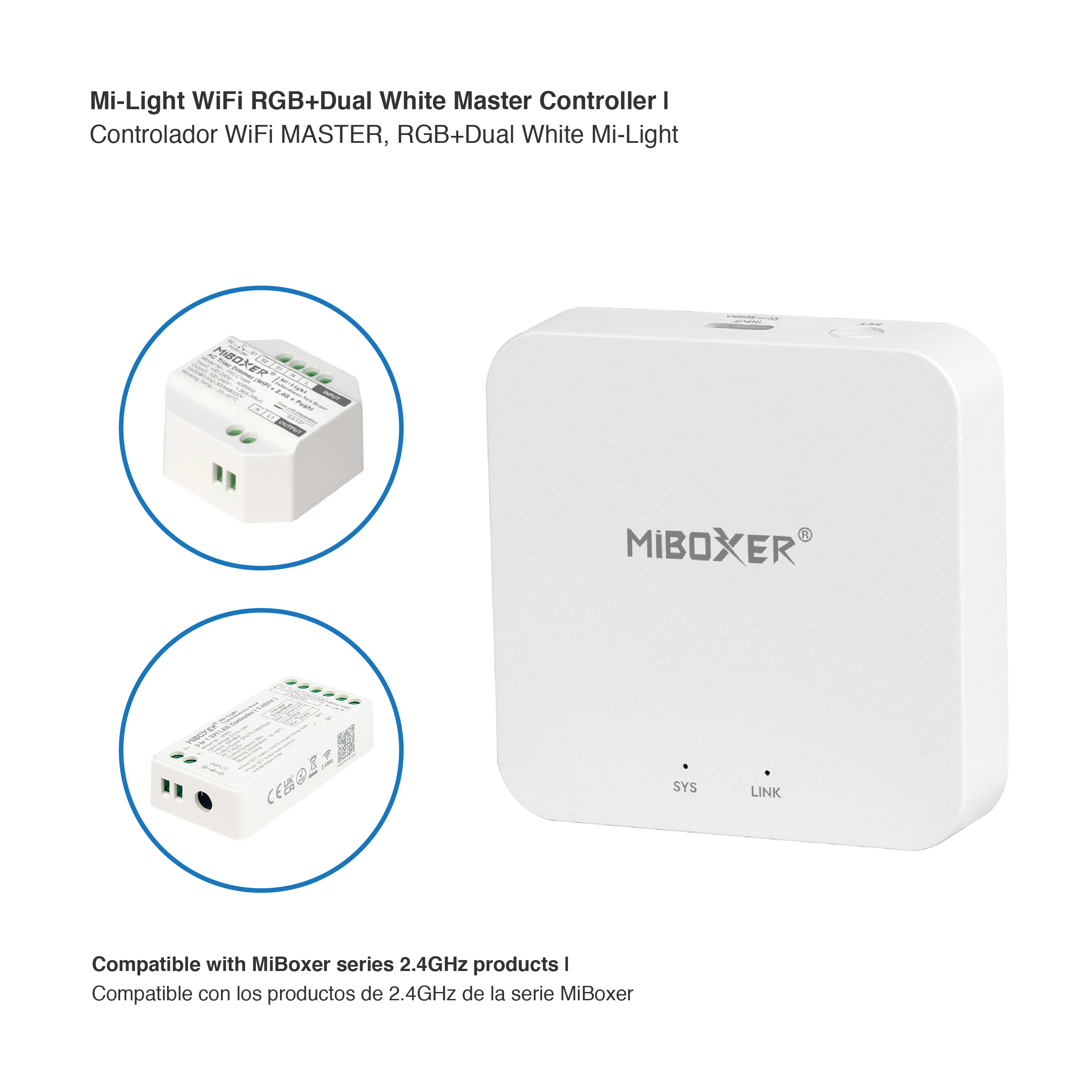 Controlador WiFi MASTER, RGB+Dual White Mi-Light, 5V 500mA 2.4GHz