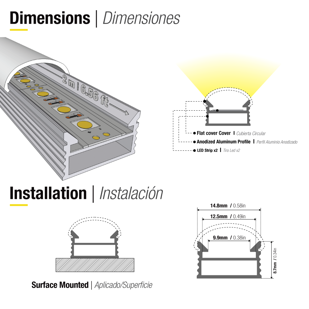 Perfil de Aluminio Linear 15x9mm Anodizado, Cover Opal Blanco Curvo x2m
