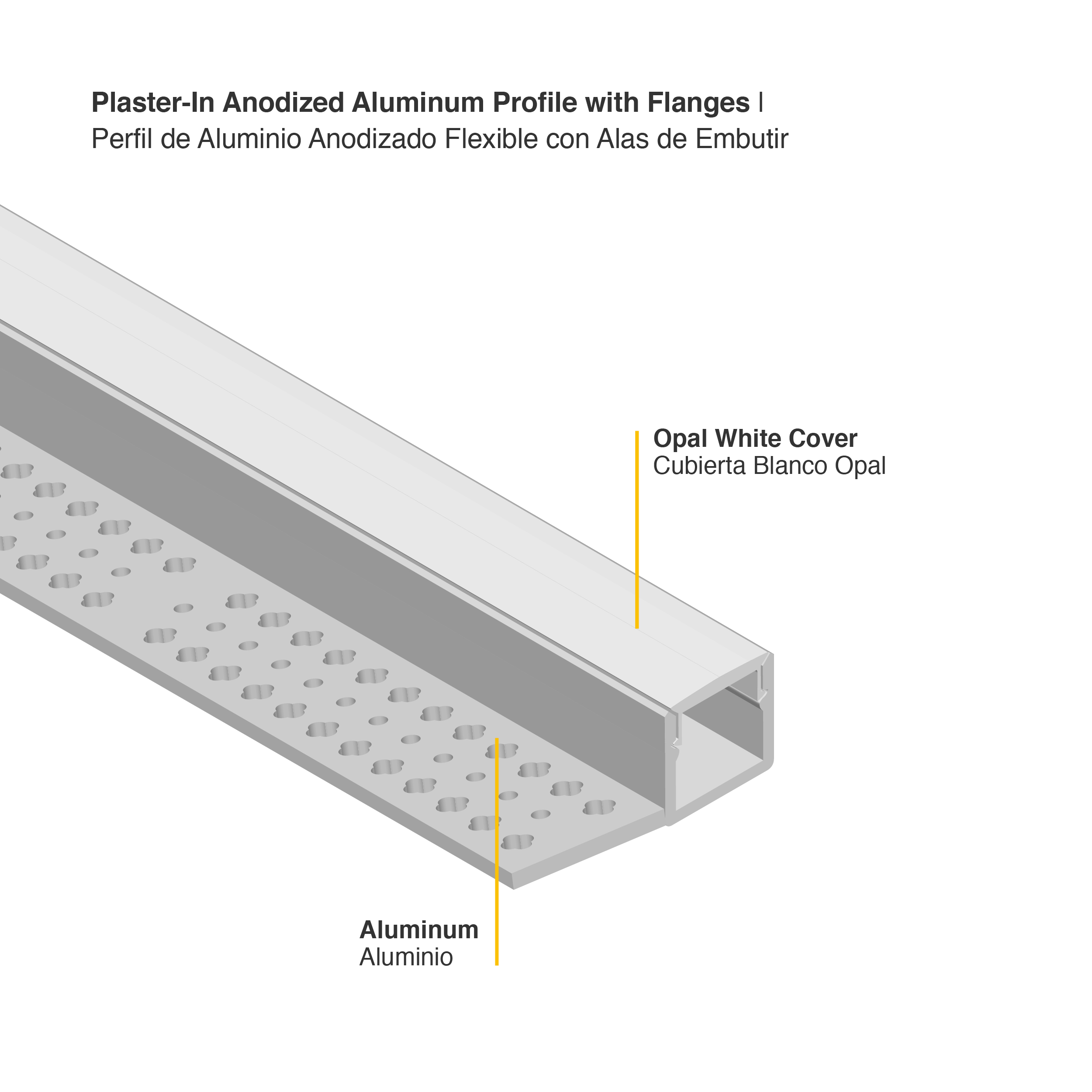 Perfil de Aluminio con Ala de Embutir 35x15mm Anodizado, Cover Opal Blanco x2m