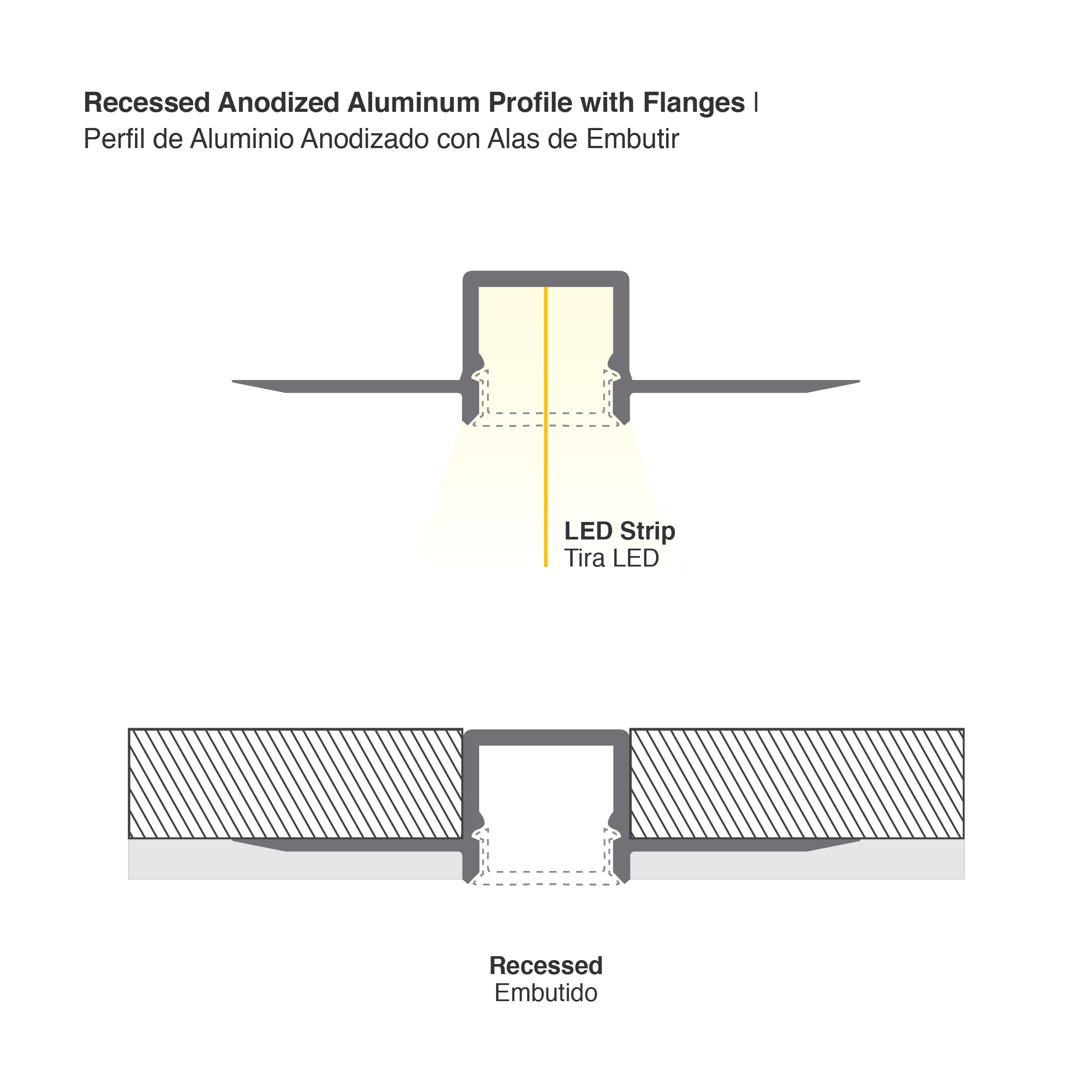Perfil de Aluminio con Alas de Embutir 53x13,3mm Anodizado, Cover Opal Blanco x2,5m