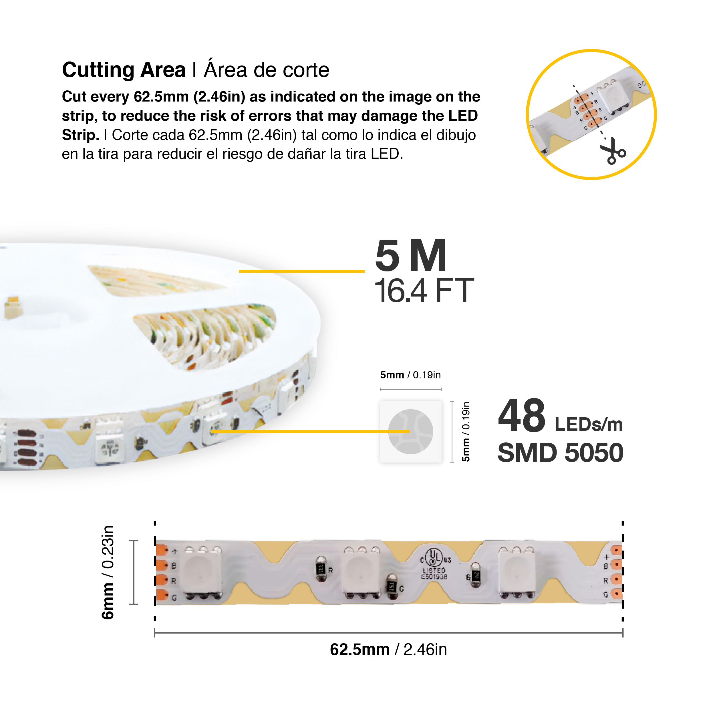 Tira LED Zig-Zag SMD2835, 24V 6.2W/m Frío 660 lm/m 60 LEDs/m, 5m