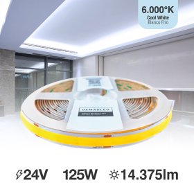 Tira LED COB 24V 25W/m Blanco Frío 2875lm/m 960 LEDs/m, 15mm PCB IP33 x5m 