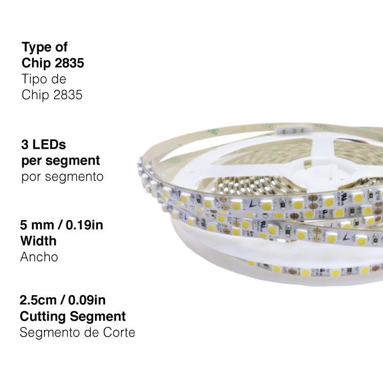 Tira LED SMD2835, 12V 12W/m Blanco calido 1200 lm/m 120 LEDs/m, 5m