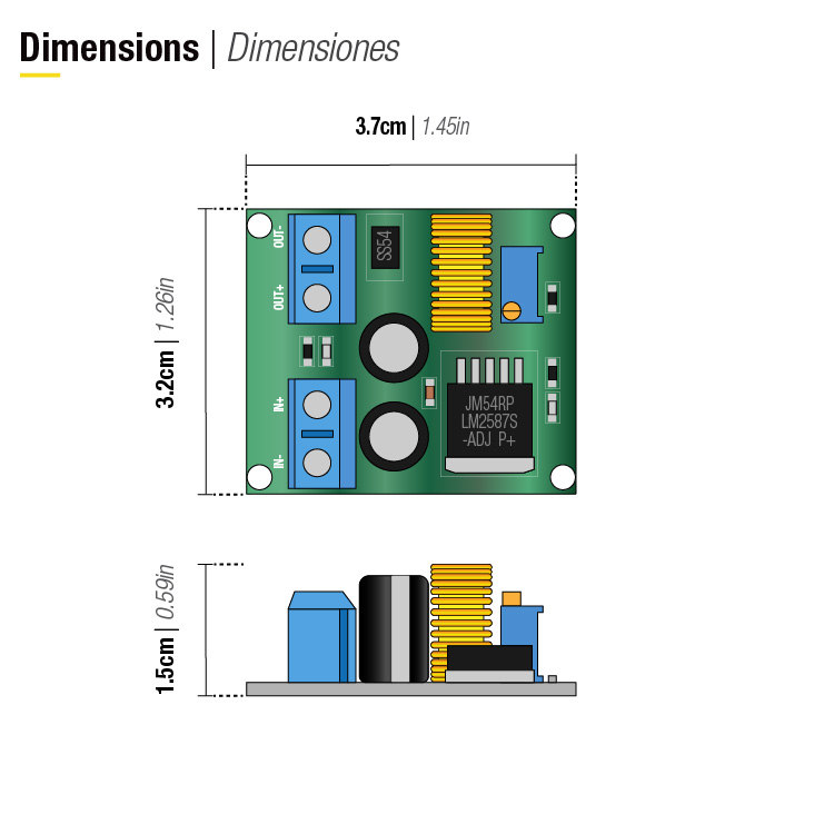 Step Up Module Dimension Módulo Step-Up Ajustable, 4-40V 80Wmax, DC-DC