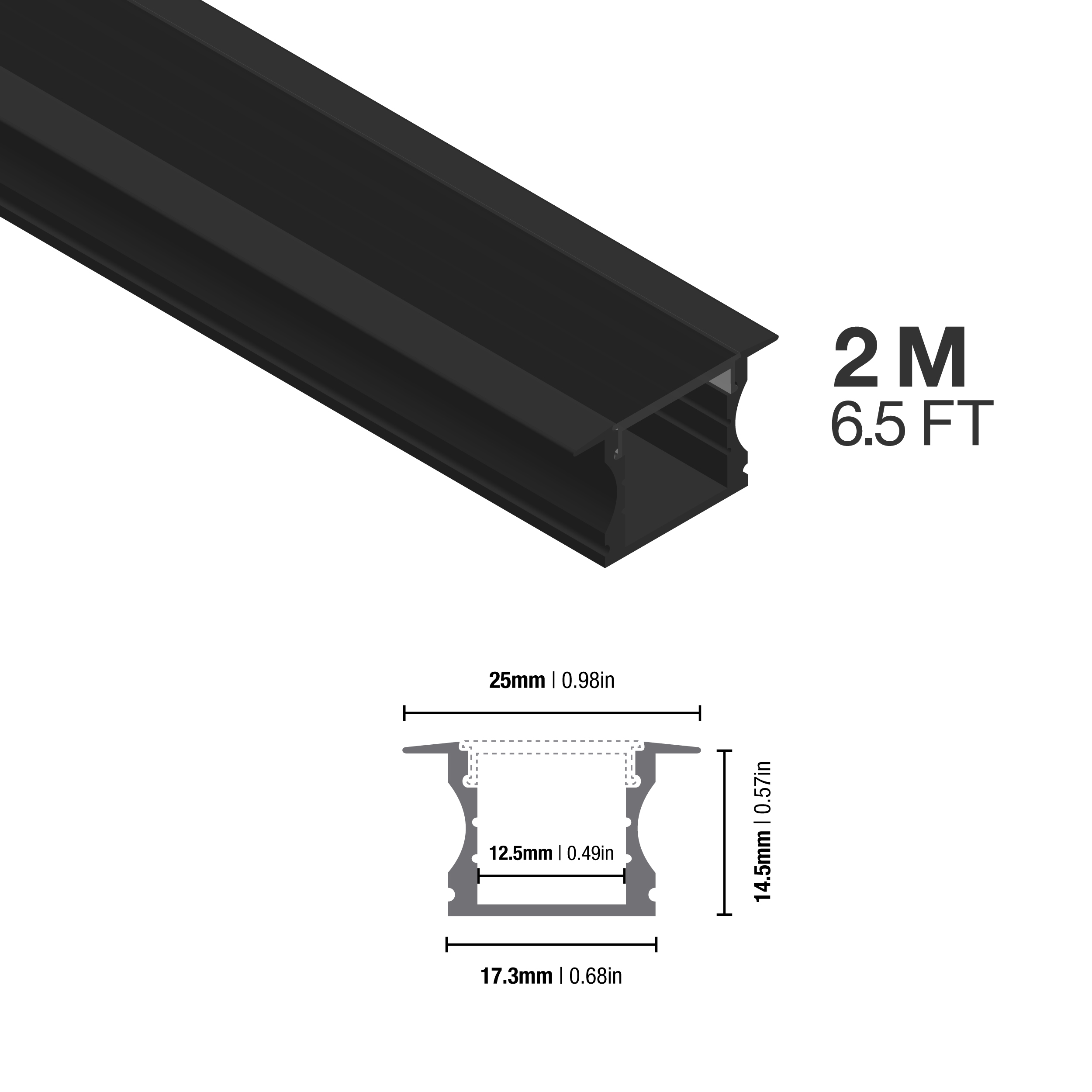 Perfil de Aluminio de Embutir 15x17mm Negro, Cover Opal Negro x2m