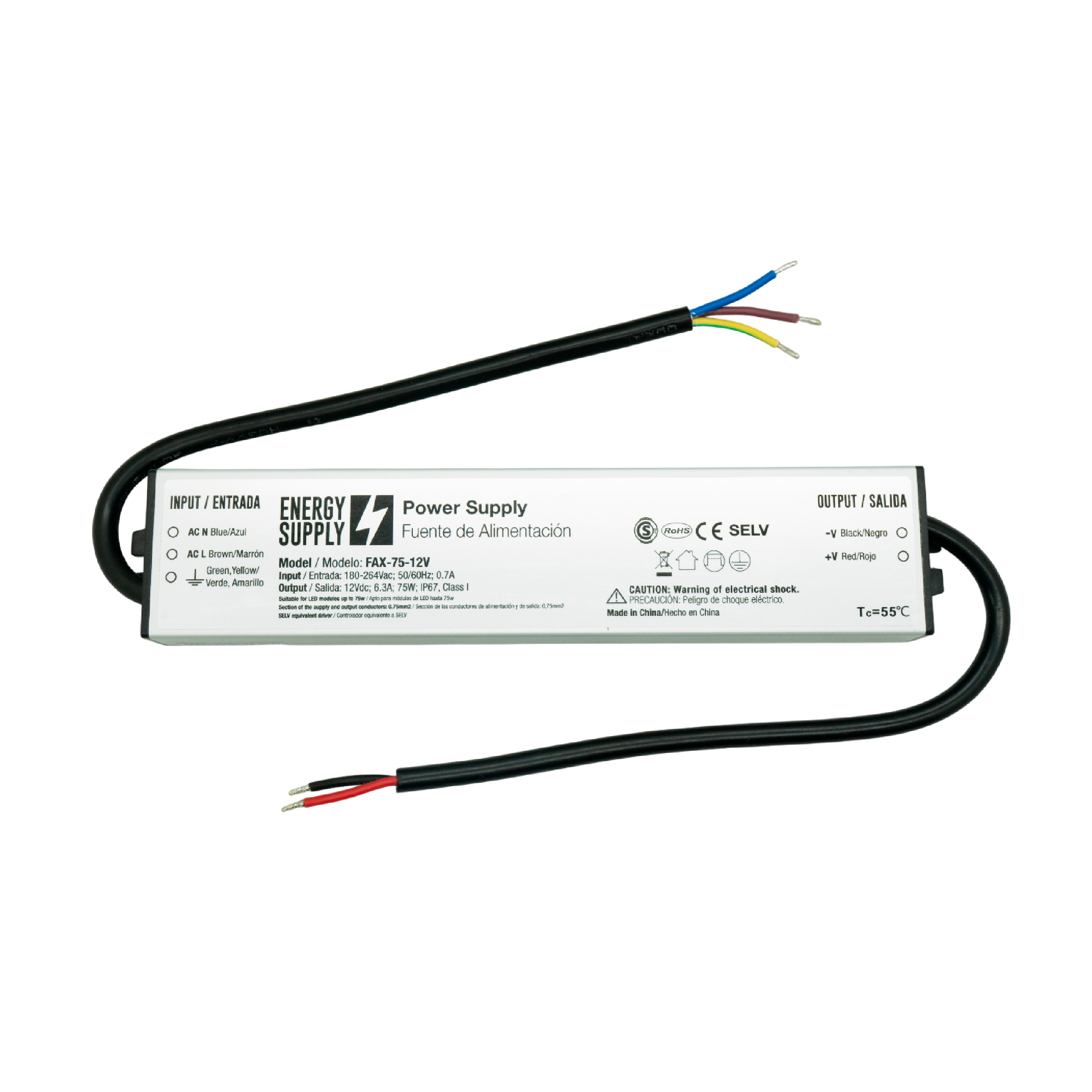 Fuente Switching 12V 6.3A 75W, 180-264VAC Exterior IP67