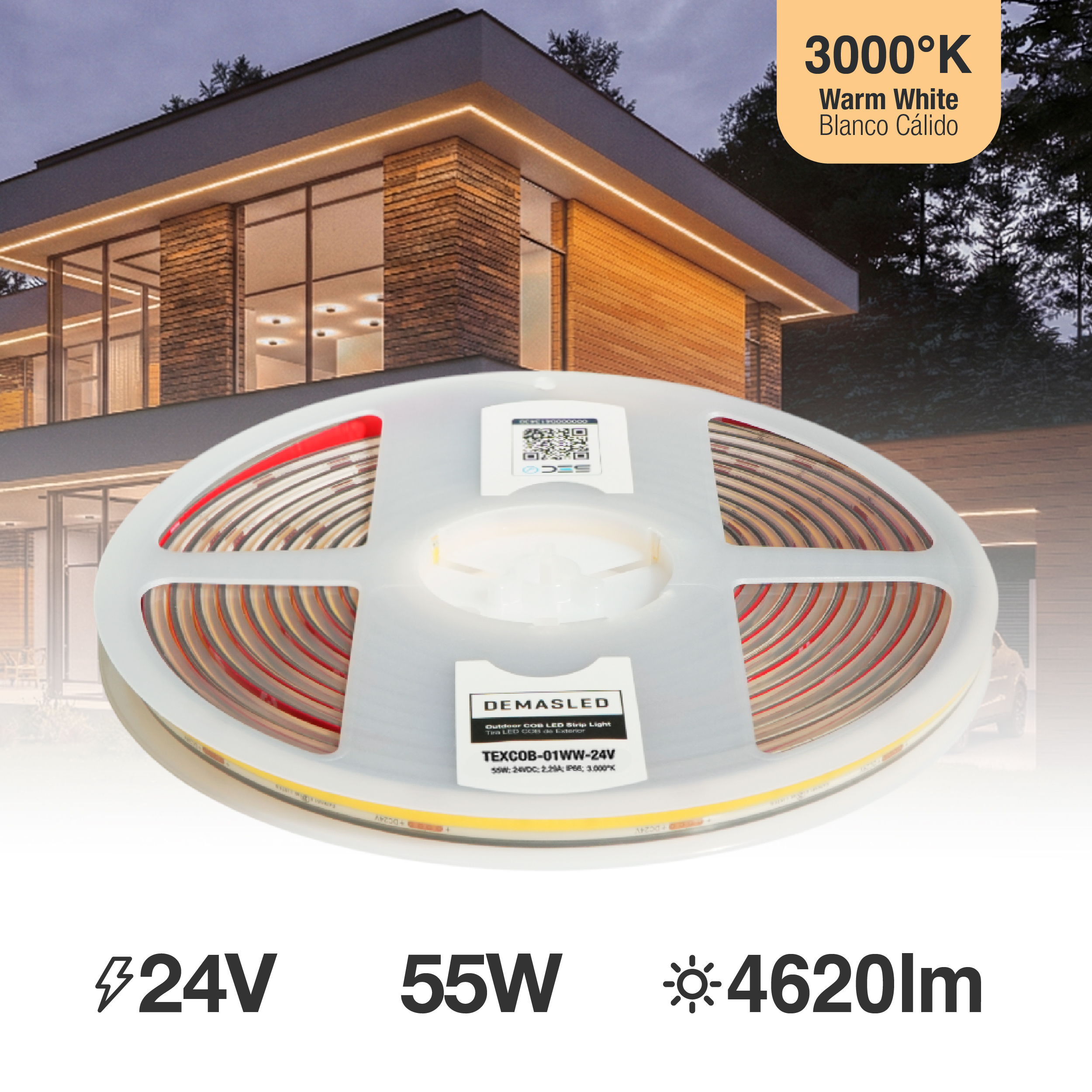 Tira LED COB 24V 11W/m Blanco Cálido 924lm/m 480 LEDs/m 8mm IP65, 5m