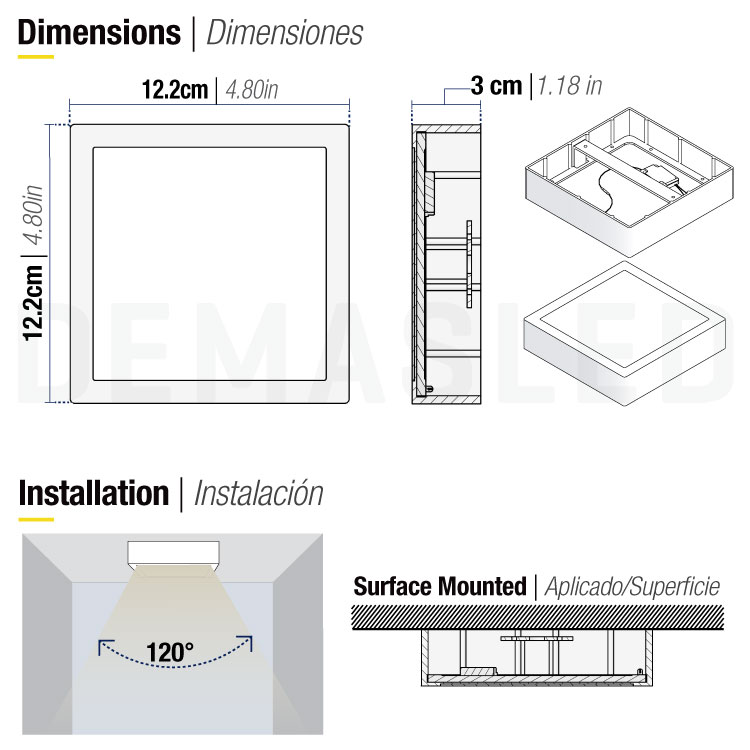 Plafón LED Cuadrado de 12x12cm, 6W 390lm Blanco Neutro, De Aplicar