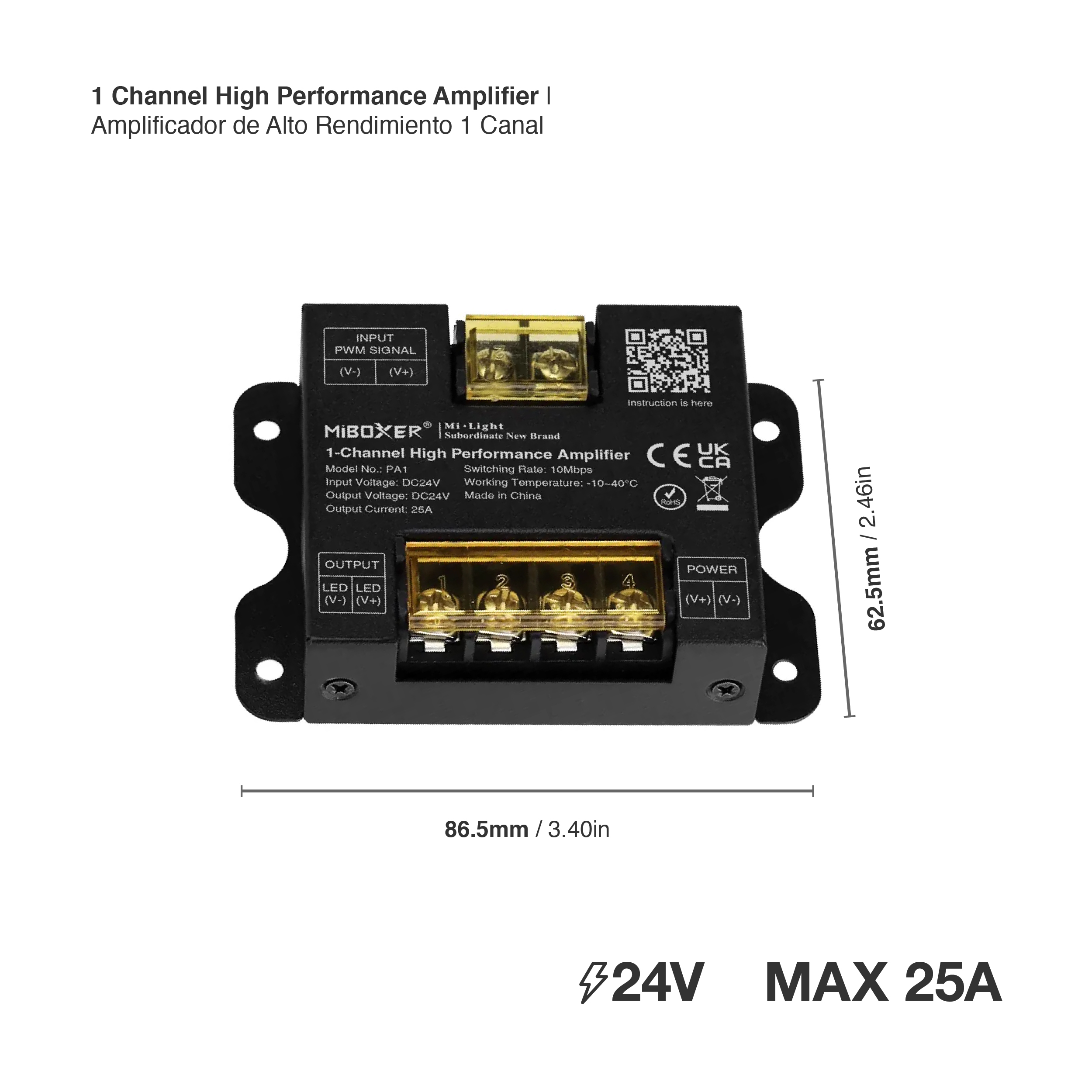 Amplificador de Alto Rendimiento 1 Canal 25A máx. 24V