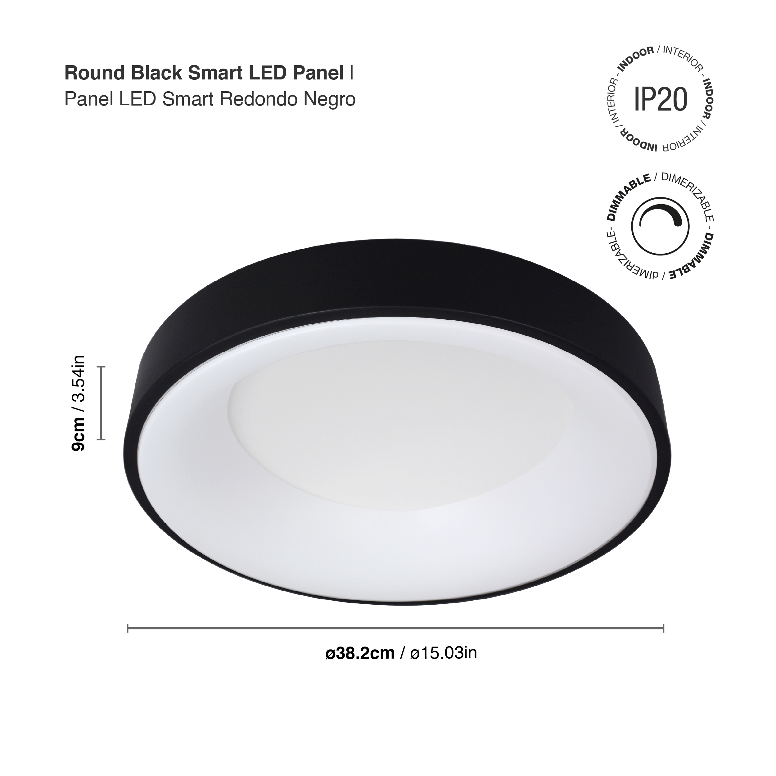Panel LED Smart Redondo Negro Ø38,2x9cm 32W 140mA CCT, de Aplicar