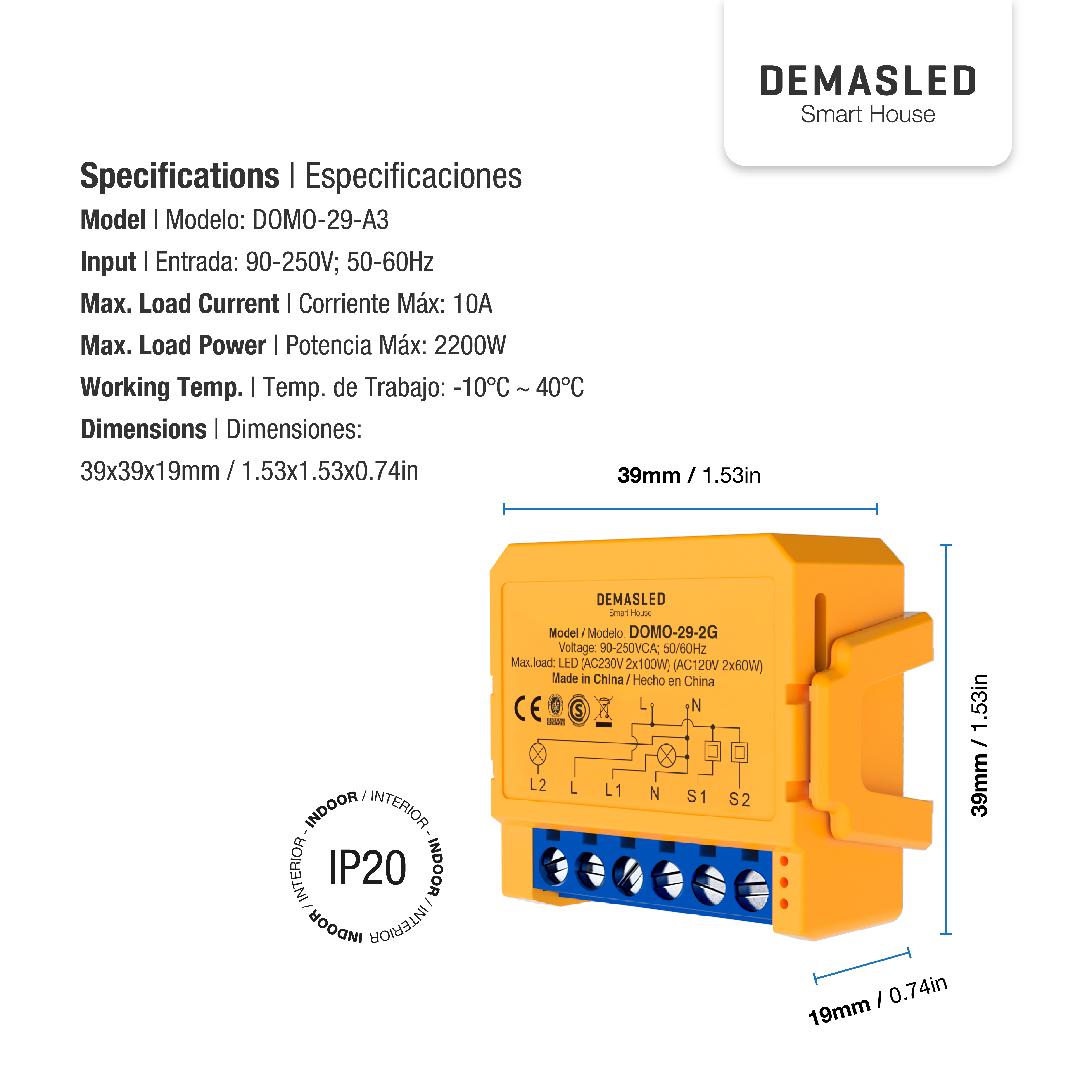 Dimmer Switch WiFi 2 Salidas AC100-240V IP20