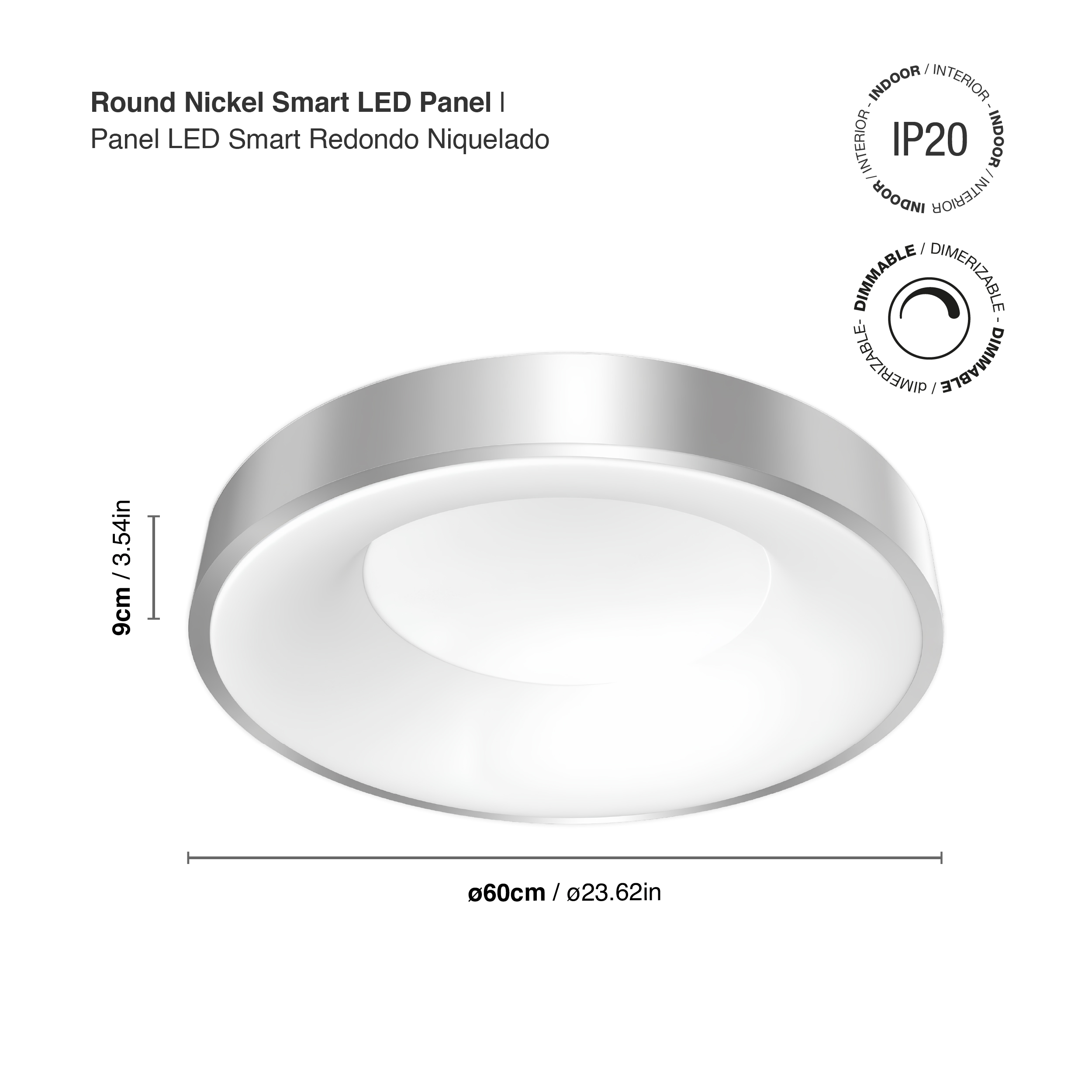 Panel LED Smart Redondo Níquel 60x60x9cm 60W 270mA CCT, de Aplicar