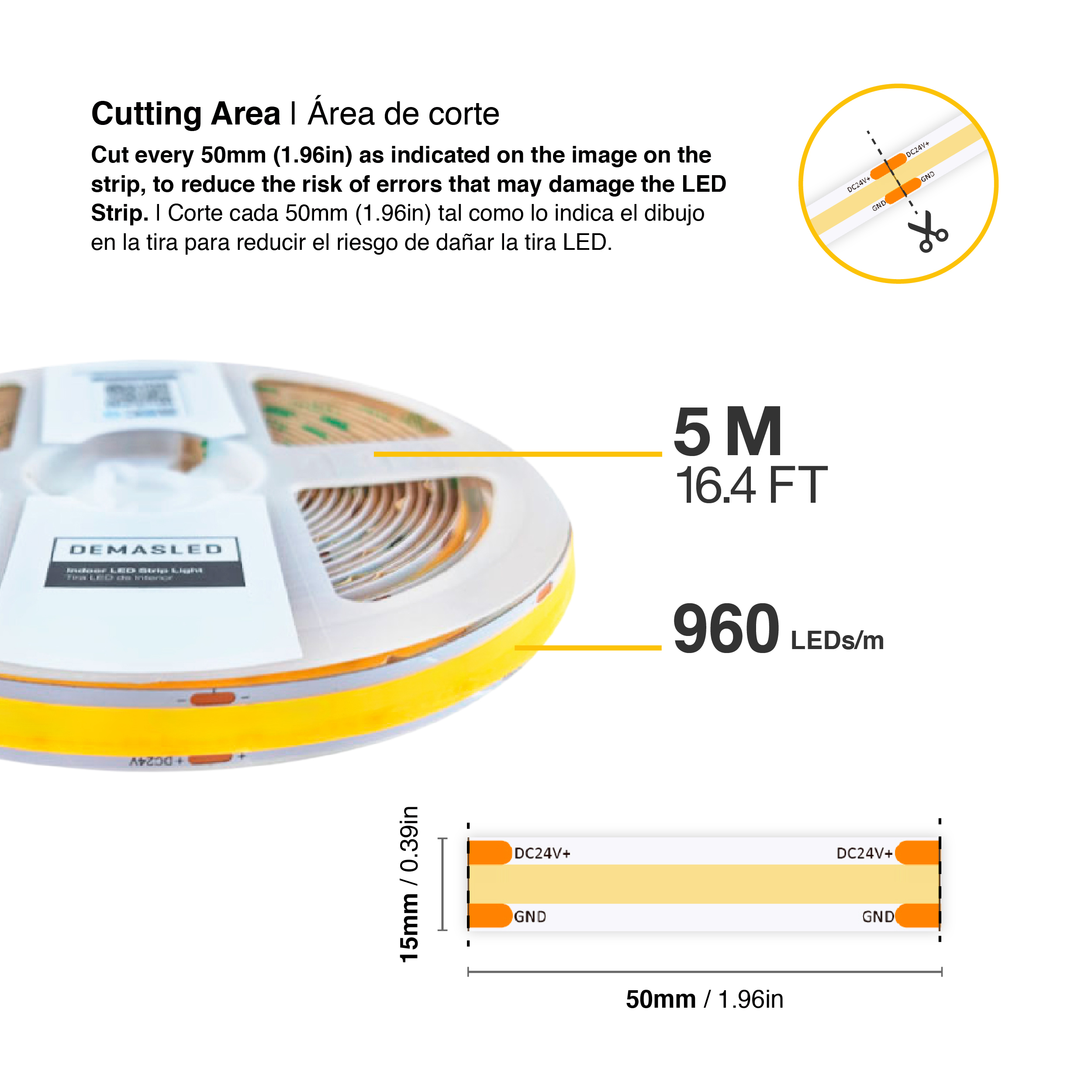 Tira LED COB 24V 25W/m Blanco Neutro 2750lm/m 960 LEDs/m, 15mm PCB IP33 x5m