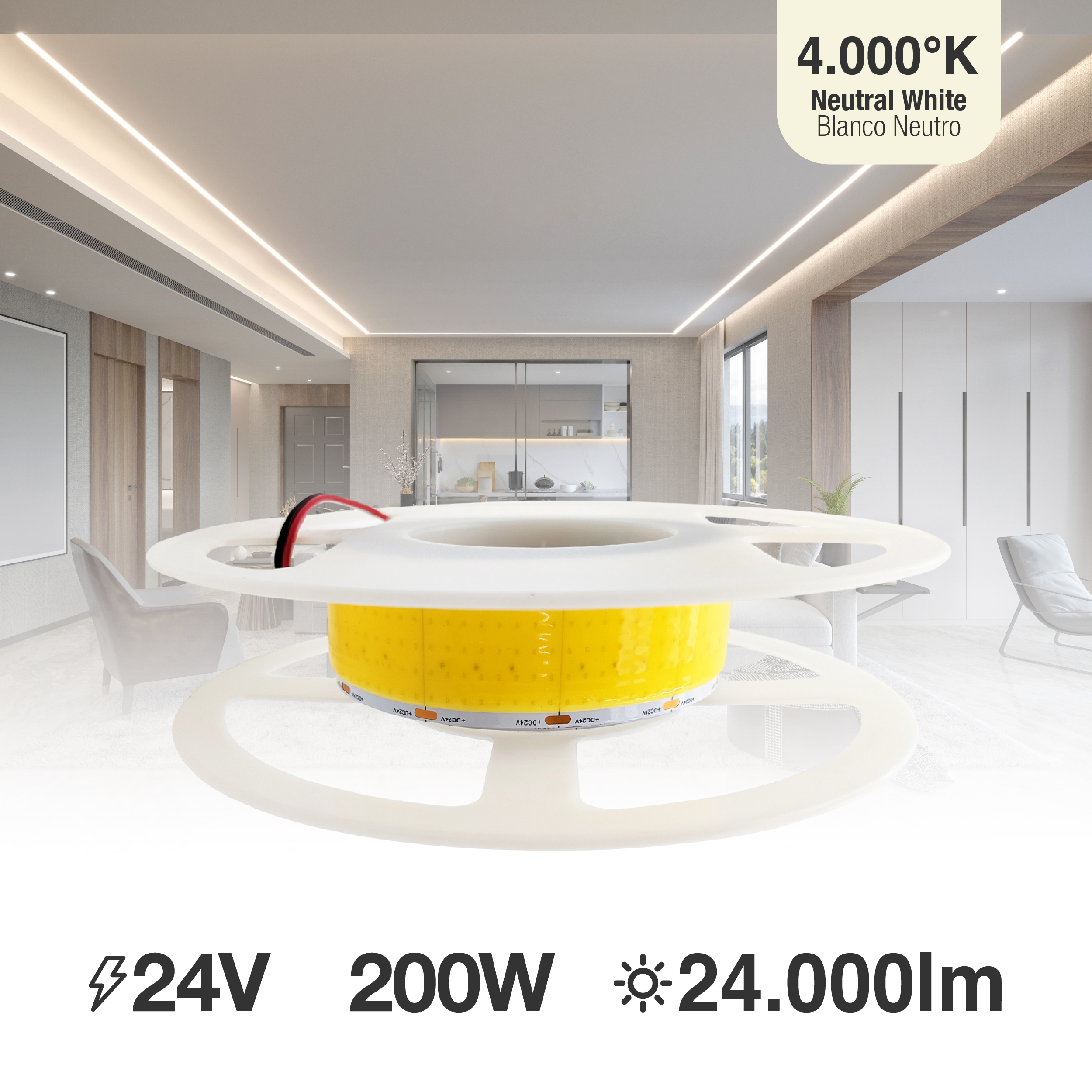 Tira LED COB 24V 40W/m Blanco Neutro 4800lm/m 1600 LEDs/m, 30mm PCB IP33 x5m 