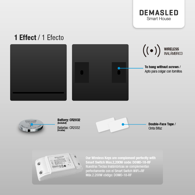 Tecla inalámbrica RF, 1 Efecto Smart House, Negro