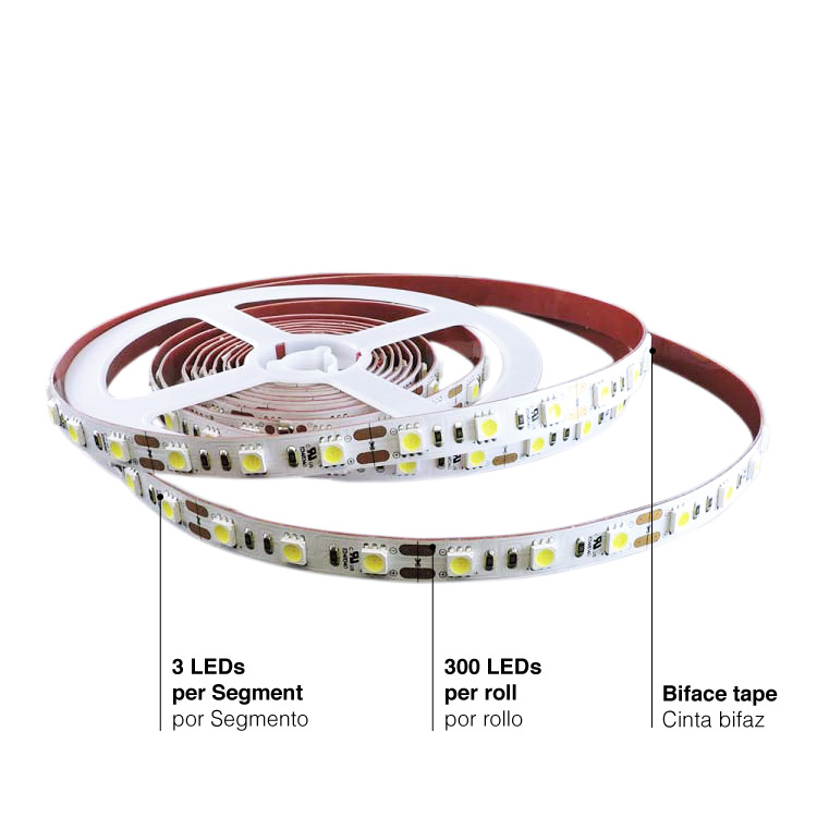 Tira LED SMD5050 12V 12W/m, Blanco Neutro 4000ºK 960lm/m, 60 LED/m, 5m