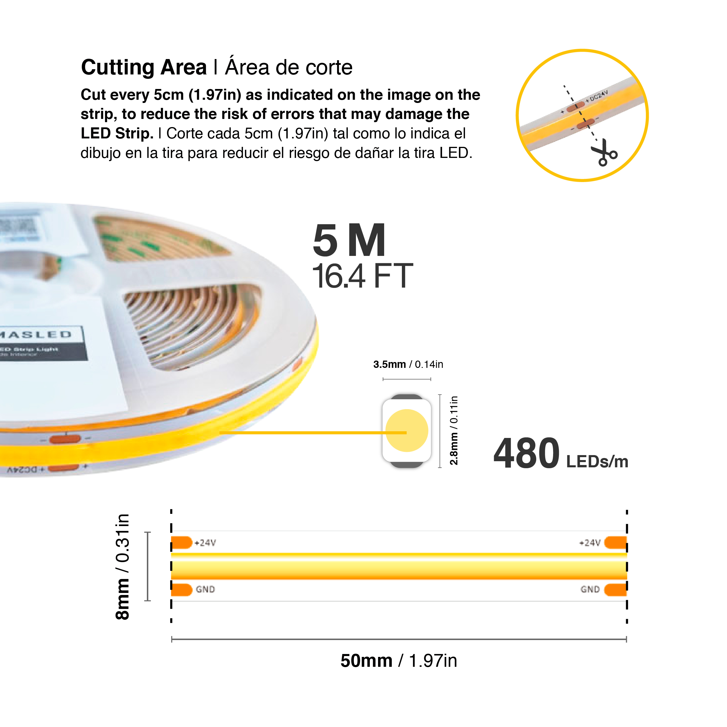Tira LED COB 24V 11W/m, Blanco superCálido 950lm/m 480 LEDs/m, 8mm, 5m