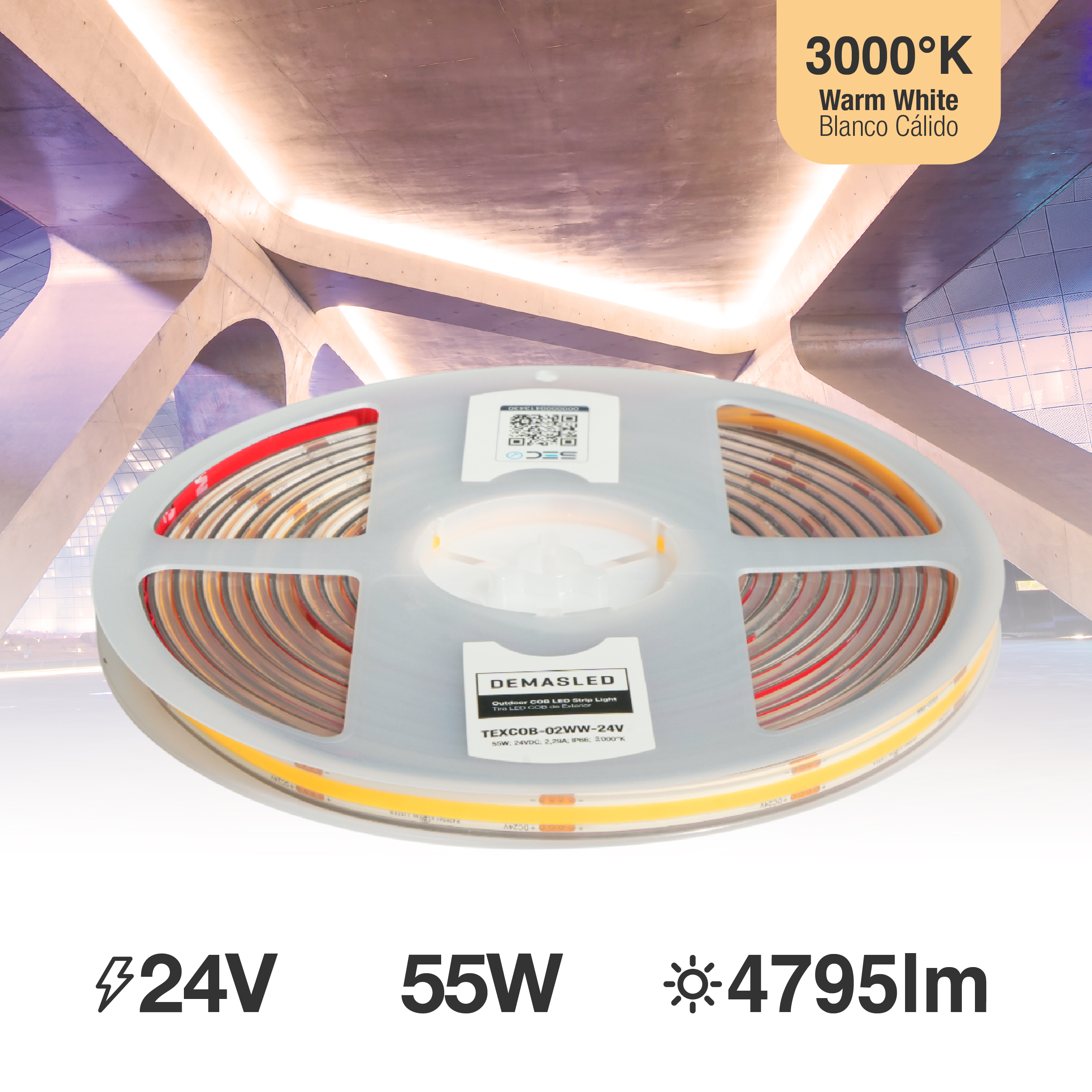 Tira LED COB 24V 11W/m Blanco Cálido 959lm/m 480LEDs/m 11mm IP68, 5m