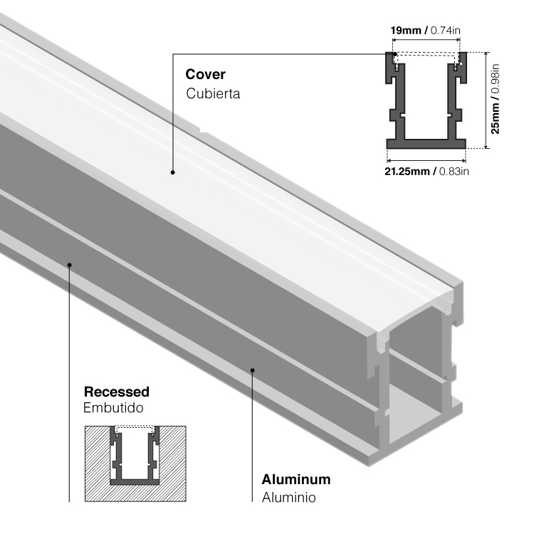 Perfil de Aluminio de Piso 26x21mm Anodizado, Cover Opal Blanco Plano x2m