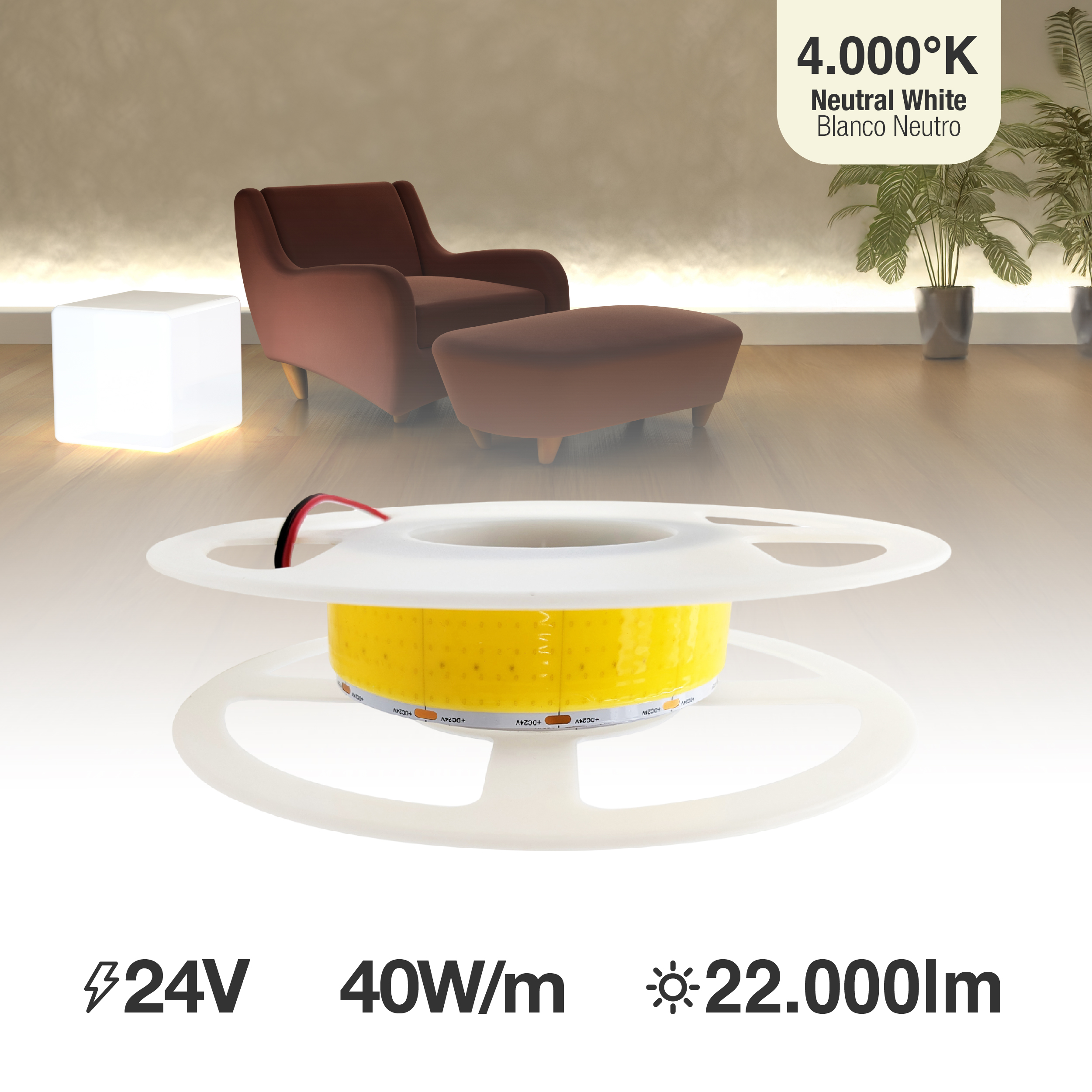 Tira LED COB 24V 40W/m Blanco Neutro 4200lm/m 1600 LEDs/m, 30mm PCB IP33 x5m 