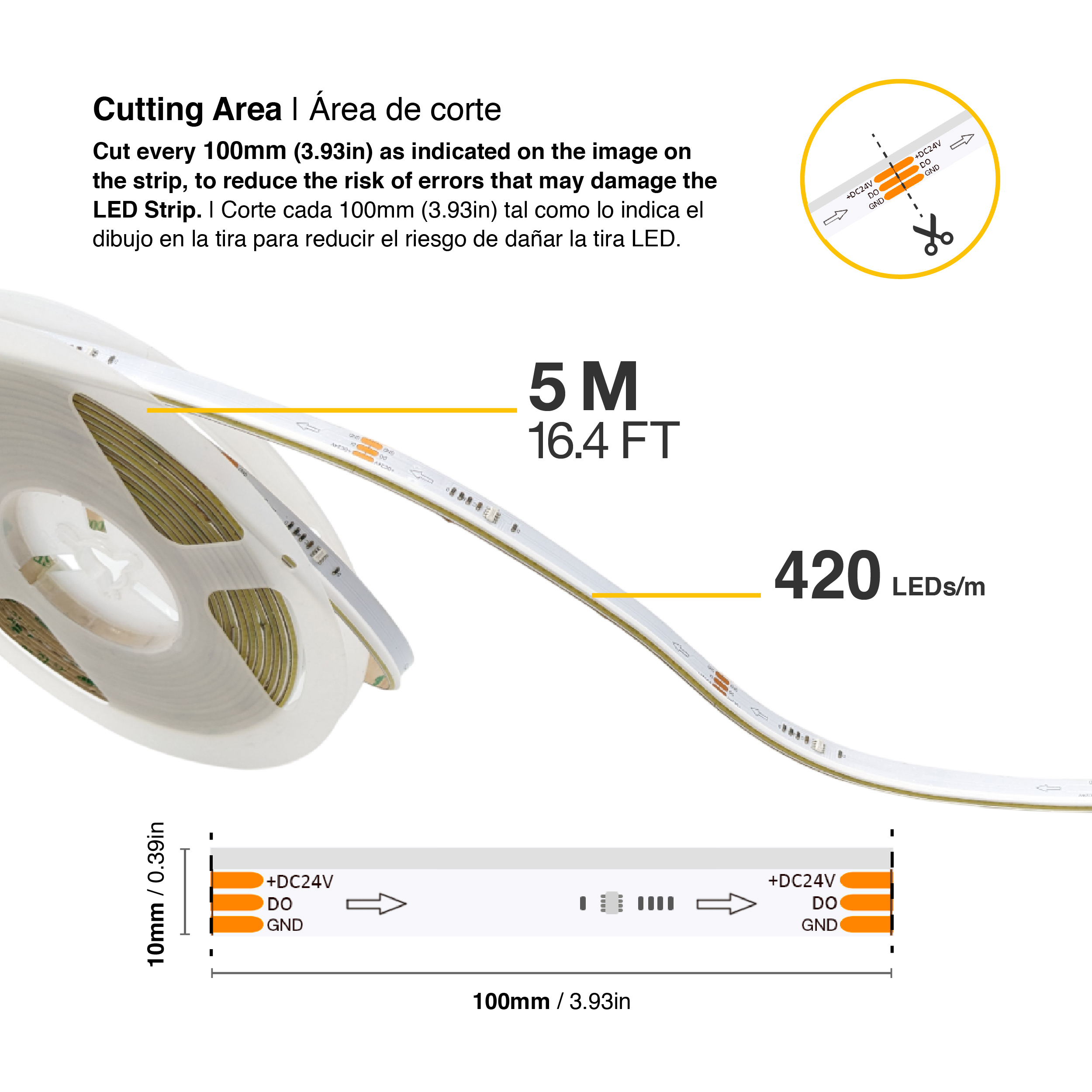 Tira LED COB Programable IC Pixel 24V 11W/m Blanco Neutro 420LEDs/m, 11mm PCB x5m