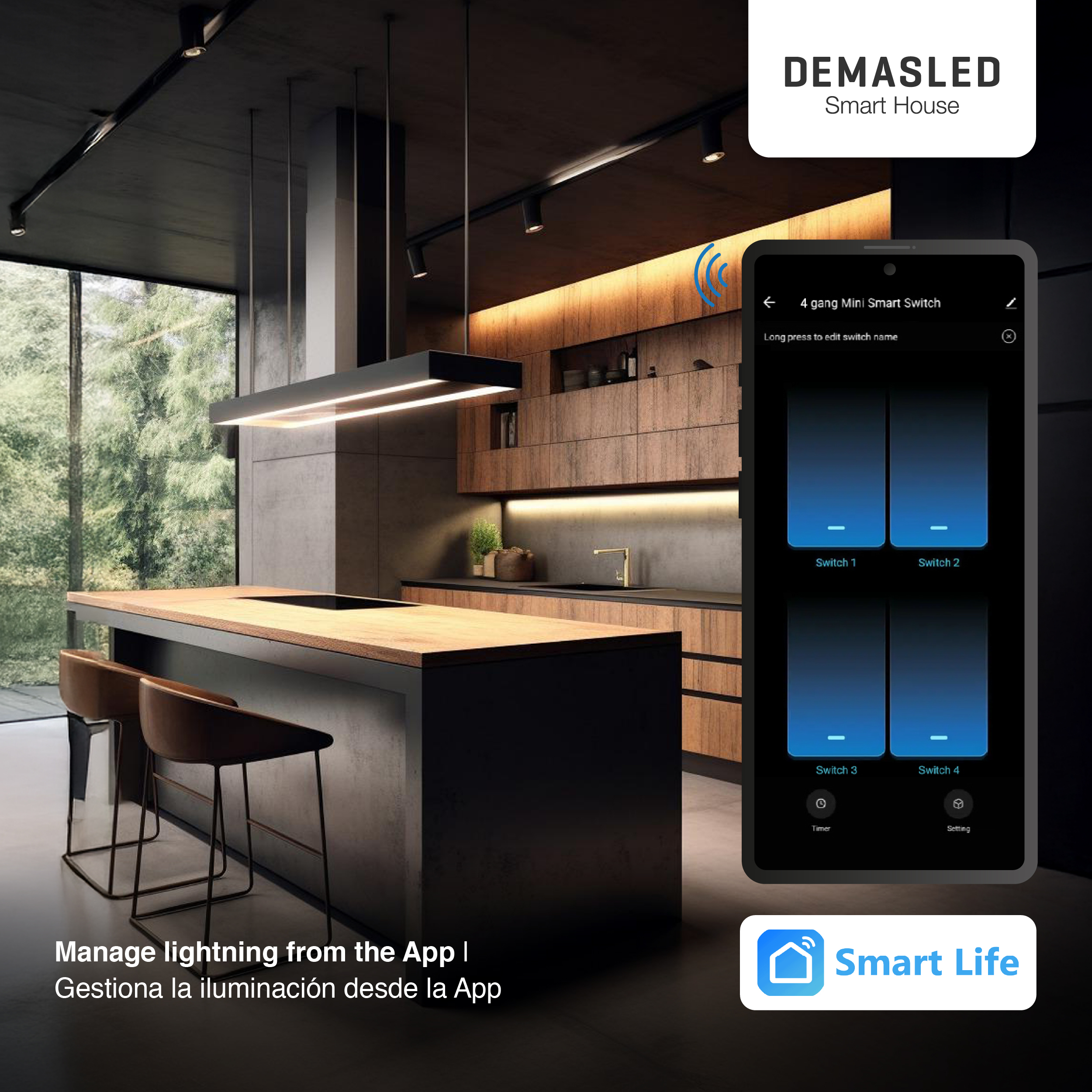 Mini Smart Switch WiFi+RF 4 Canales, 100-240Vac 50-60Hz 10A max 2.4GHz