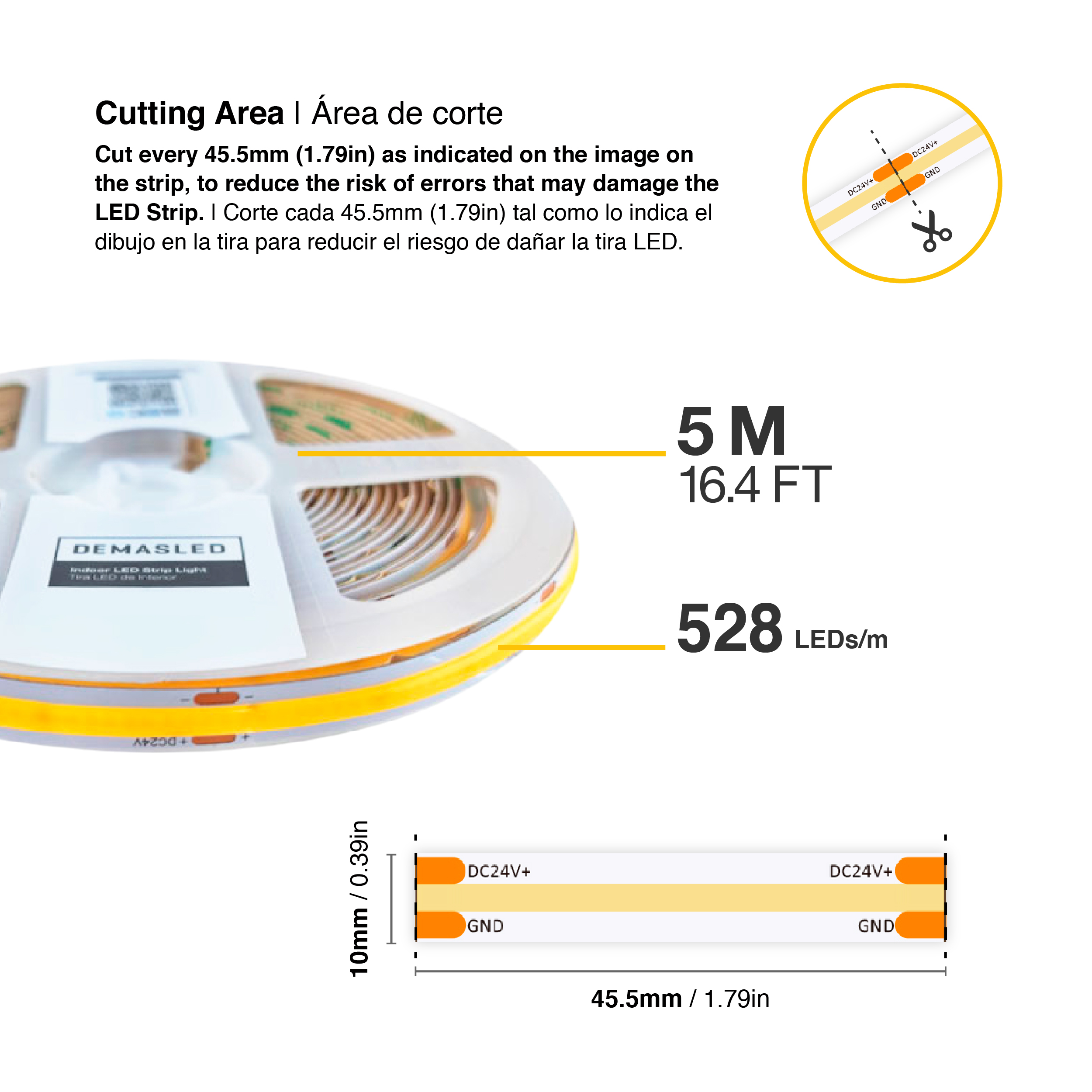 Tira LED COB 24V 15W/m Blanco Frío 1700lm/m 528 LEDs/m, 10mm PCB IP33 x 5m