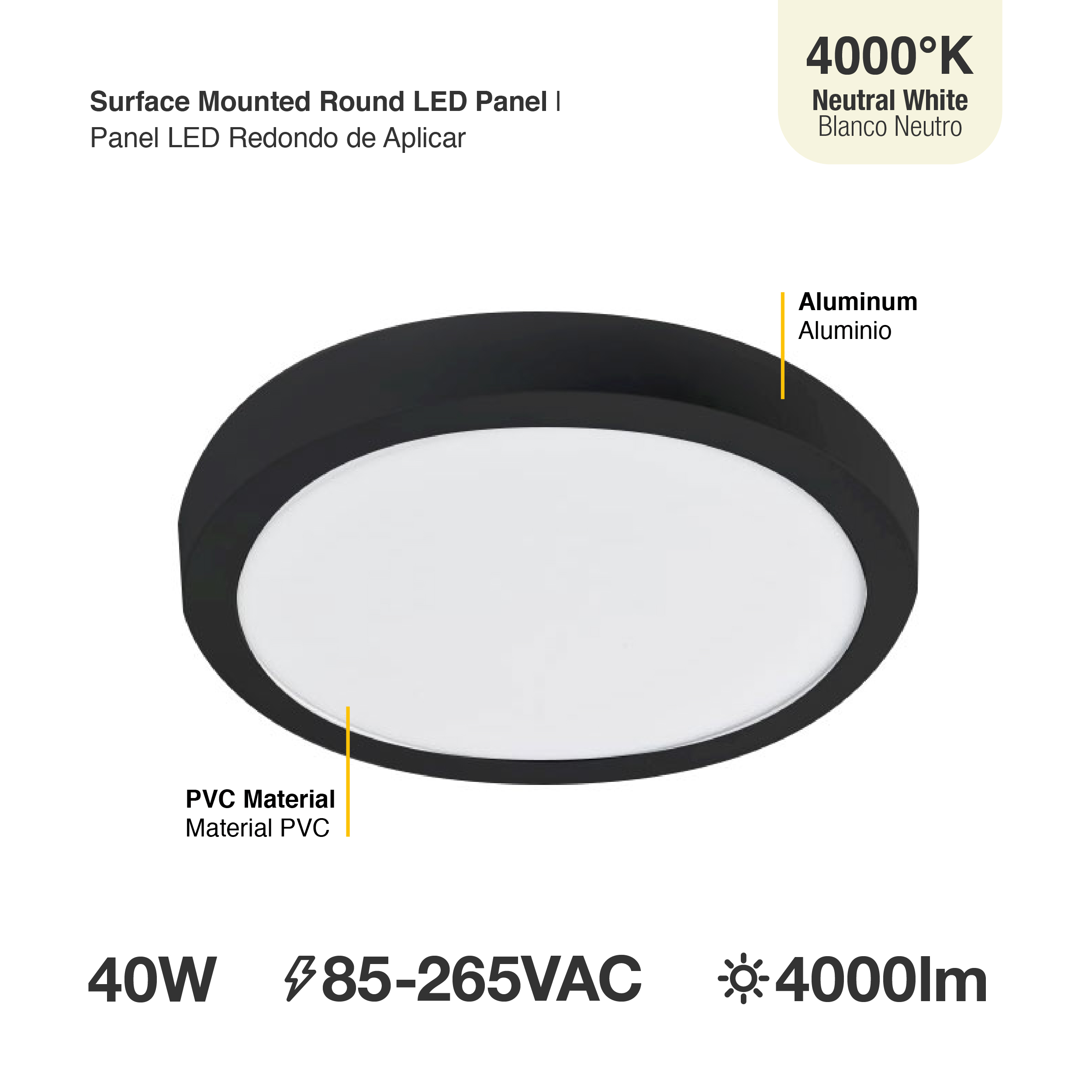 Panel Negro BACKLIGHT LED Redondo 60cm 40W blanco Neutro, Aplicar