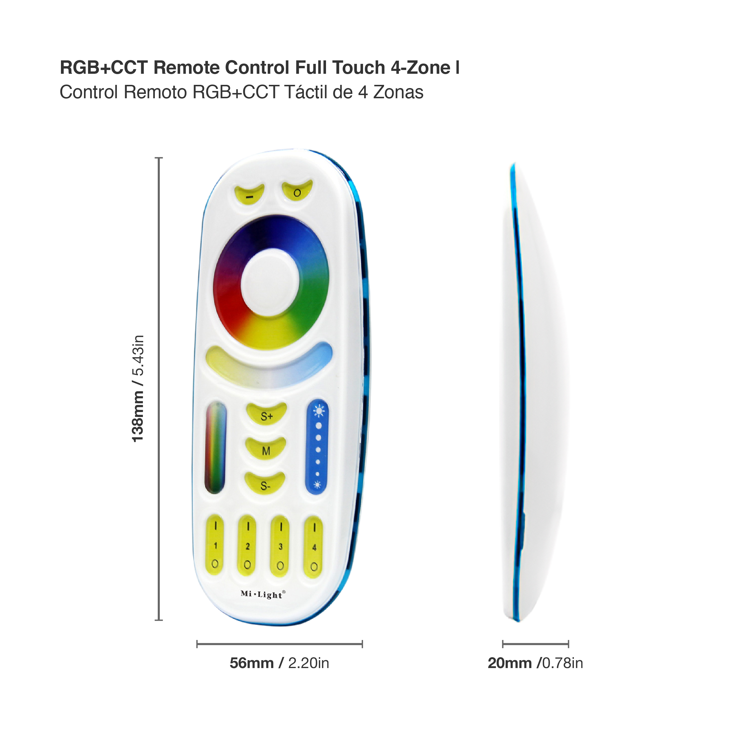 Control Remoto RGB+CCT táctil de 4 zonas 3V 2.4 GHz