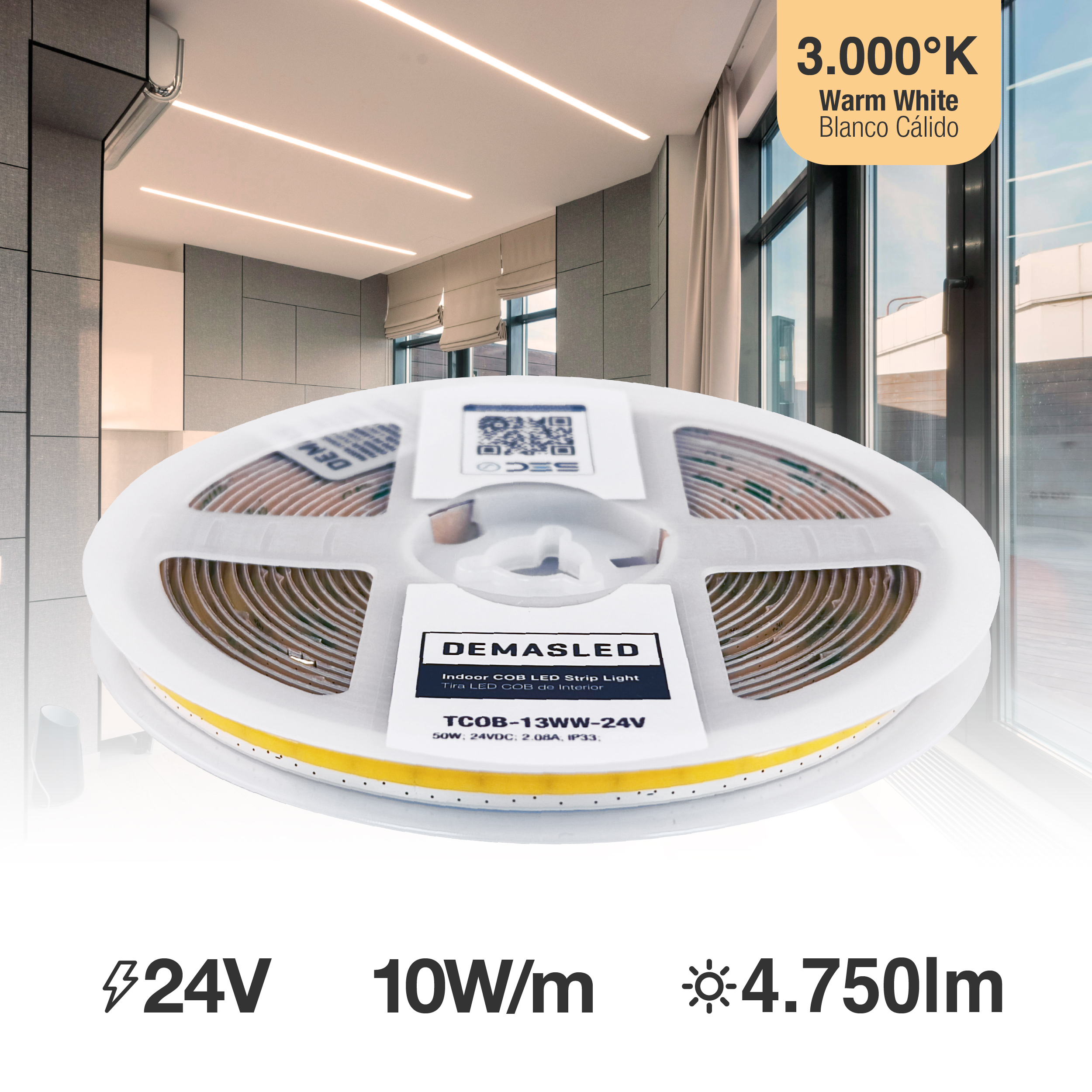 Tira LED COB Freecut 24V 10W/m Blanco Cálido 850lm/m 528LEDs/m, 8mm PCB IP33 x5m
