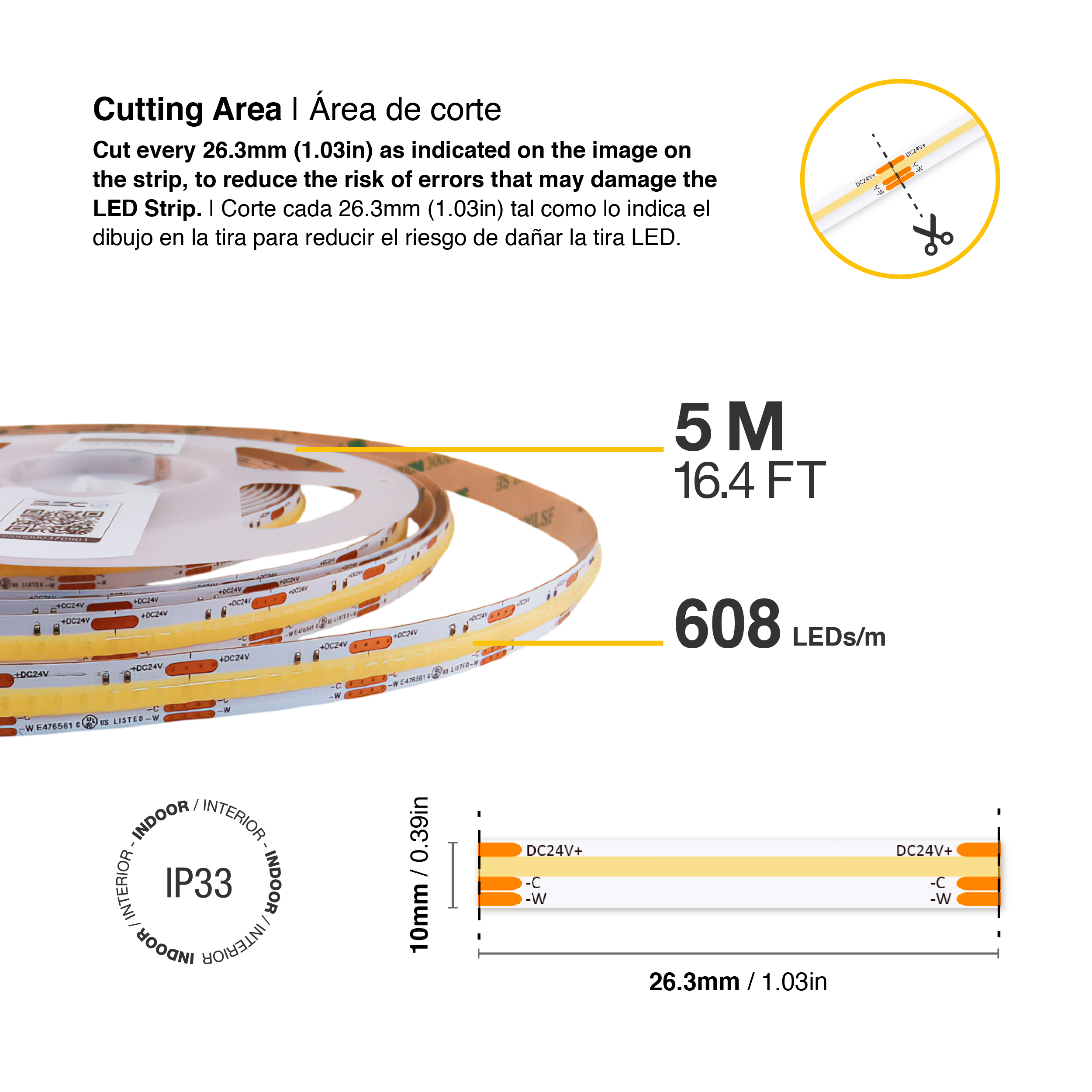 Tira LED COB 24V 16W/m CW-WW-CCT 80lm/m 608 LEDs/m, 10mm PCB x5m