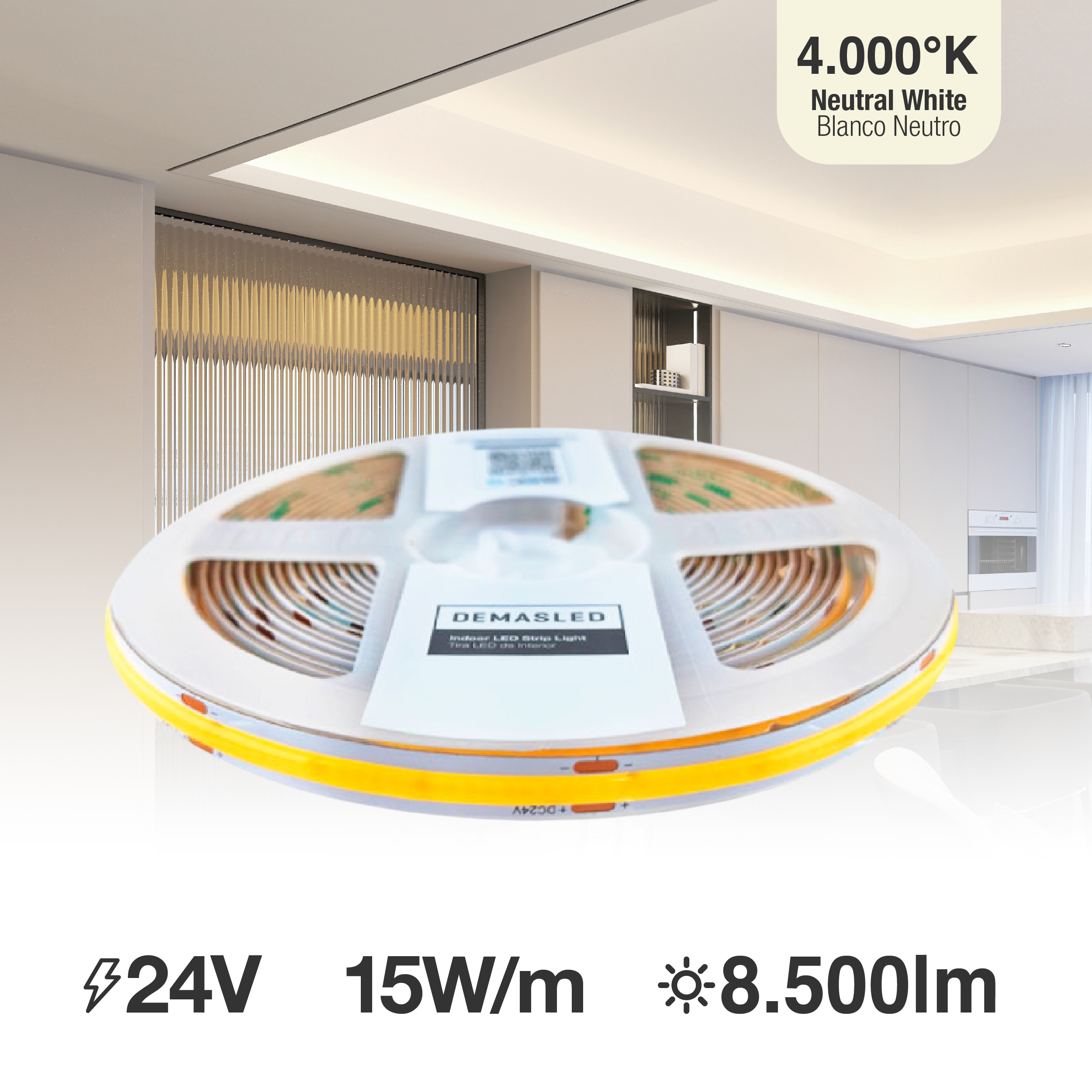 Tira LED COB 24V 15W/m Blanco Neutro 1700lm/m 528 LEDs/m, 10mm PCB IP33 x5m