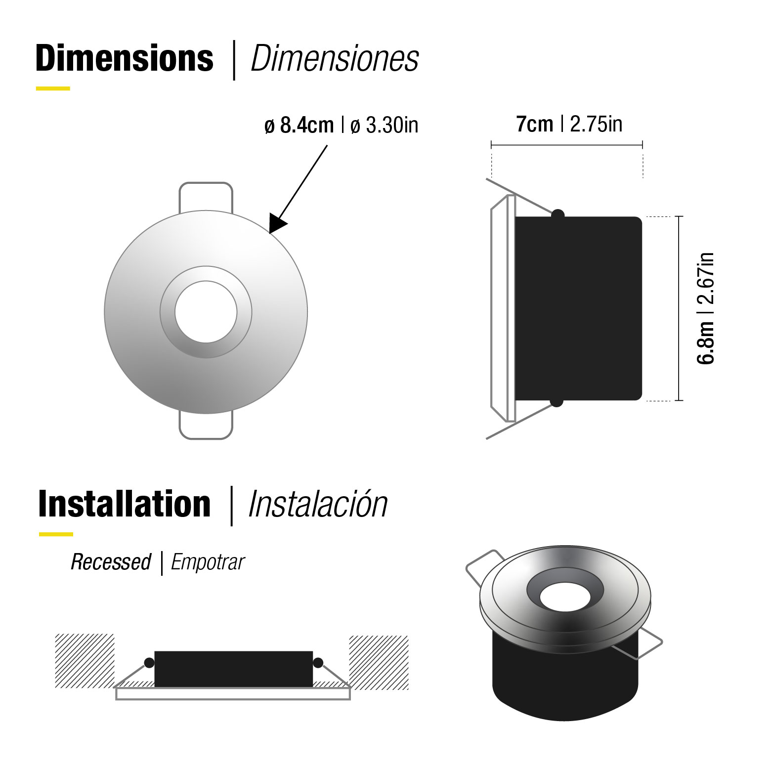Spot Fijo Negro, 8.4cm Corte 6.8cm para Lámparas GU10 y MR16