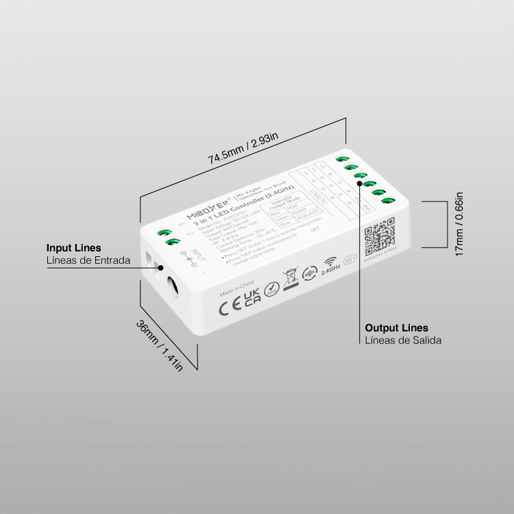 Controlador LED 3 en 1 RGB/RGBW/RGB+CCT Mi-Light 12-24V 12A 2.4GHz