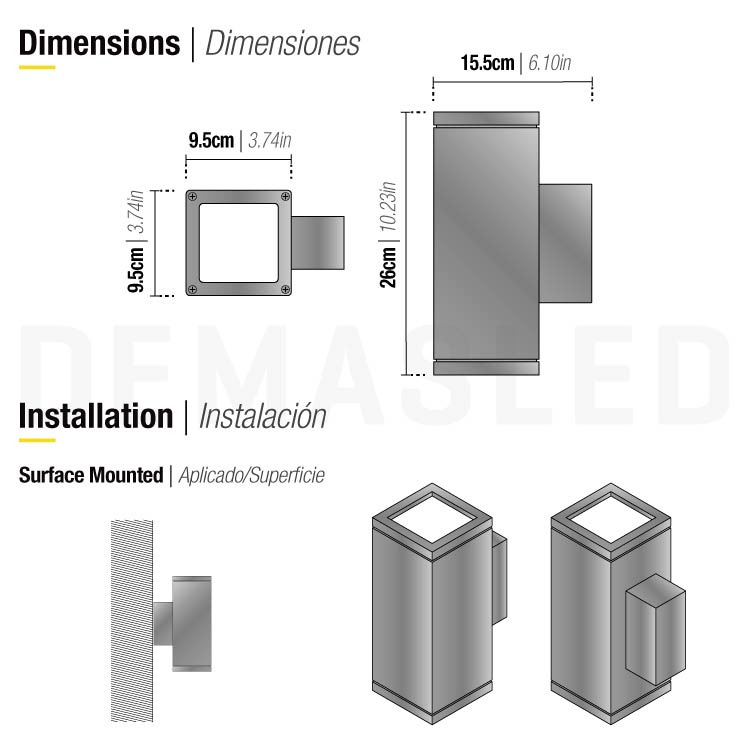 Aplique de Pared Bidireccional para Lámparas GU10 Gris Oscuro 26×15cm