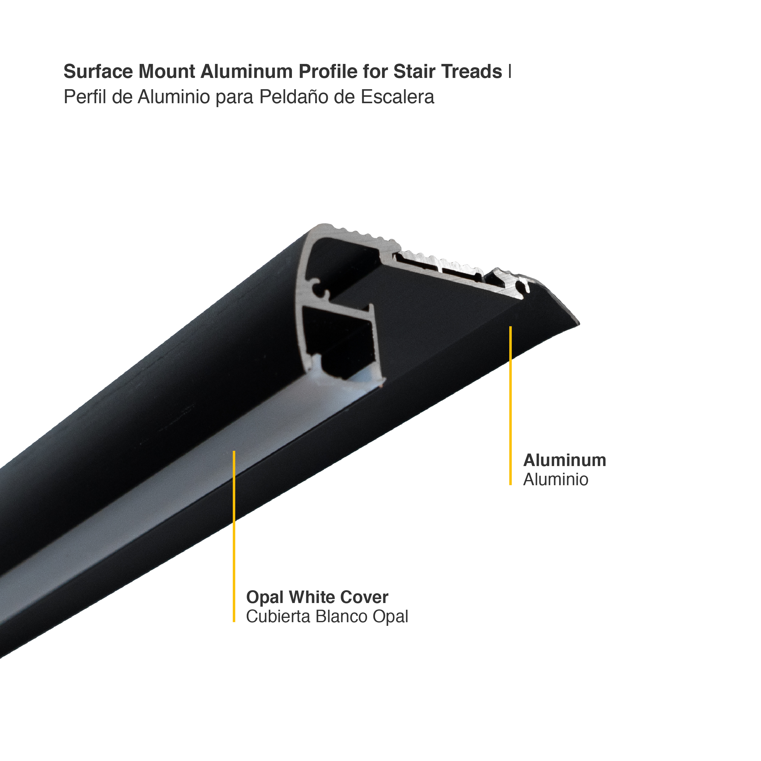 Perfil de Aluminio para Peldaño de Escalera 64x27,5mm Negro, Cover Opal Blanco x2m