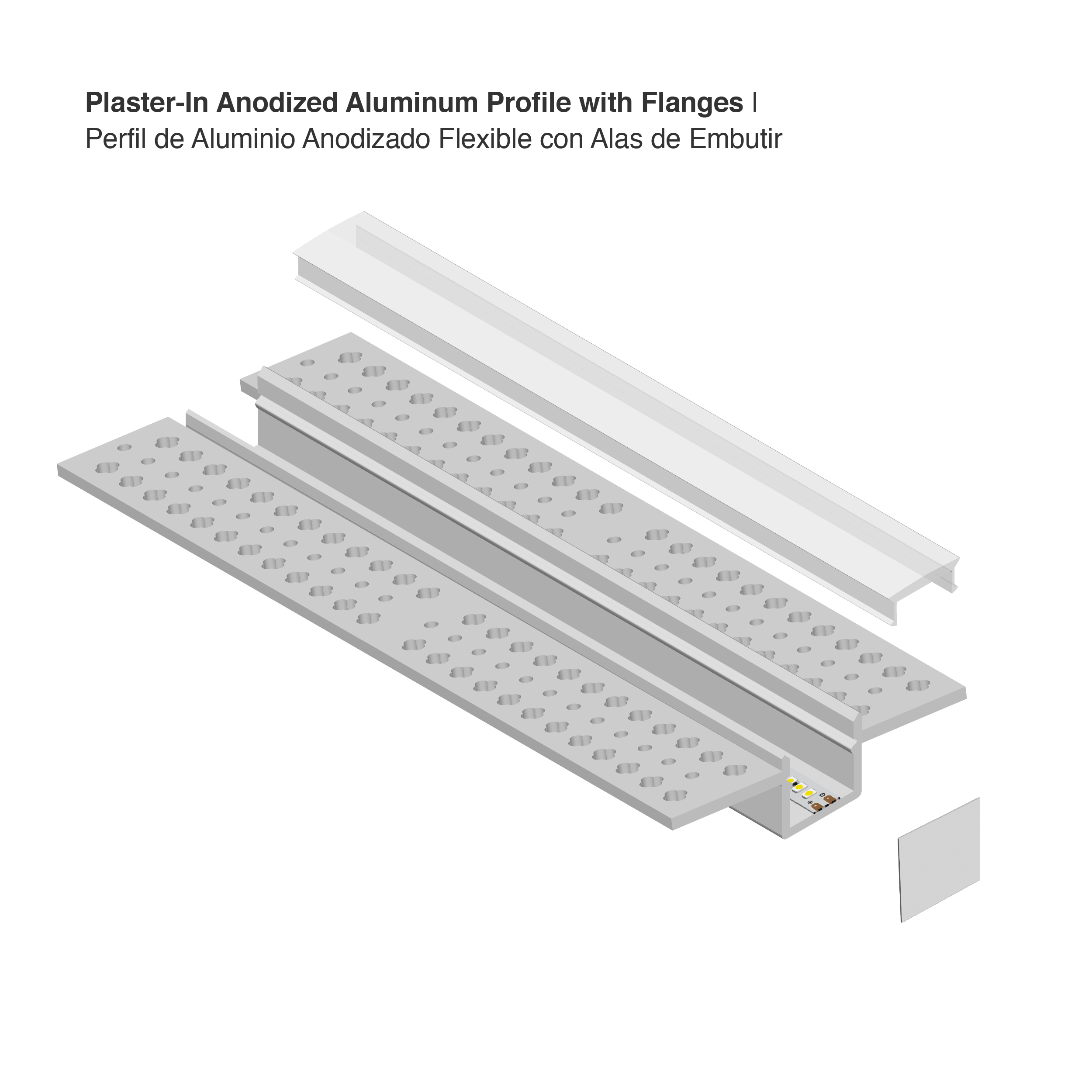 Perfil de Aluminio Flexible con Alas de Embutir 56x15mm Anodizado, Cover Opal Blanco x2m