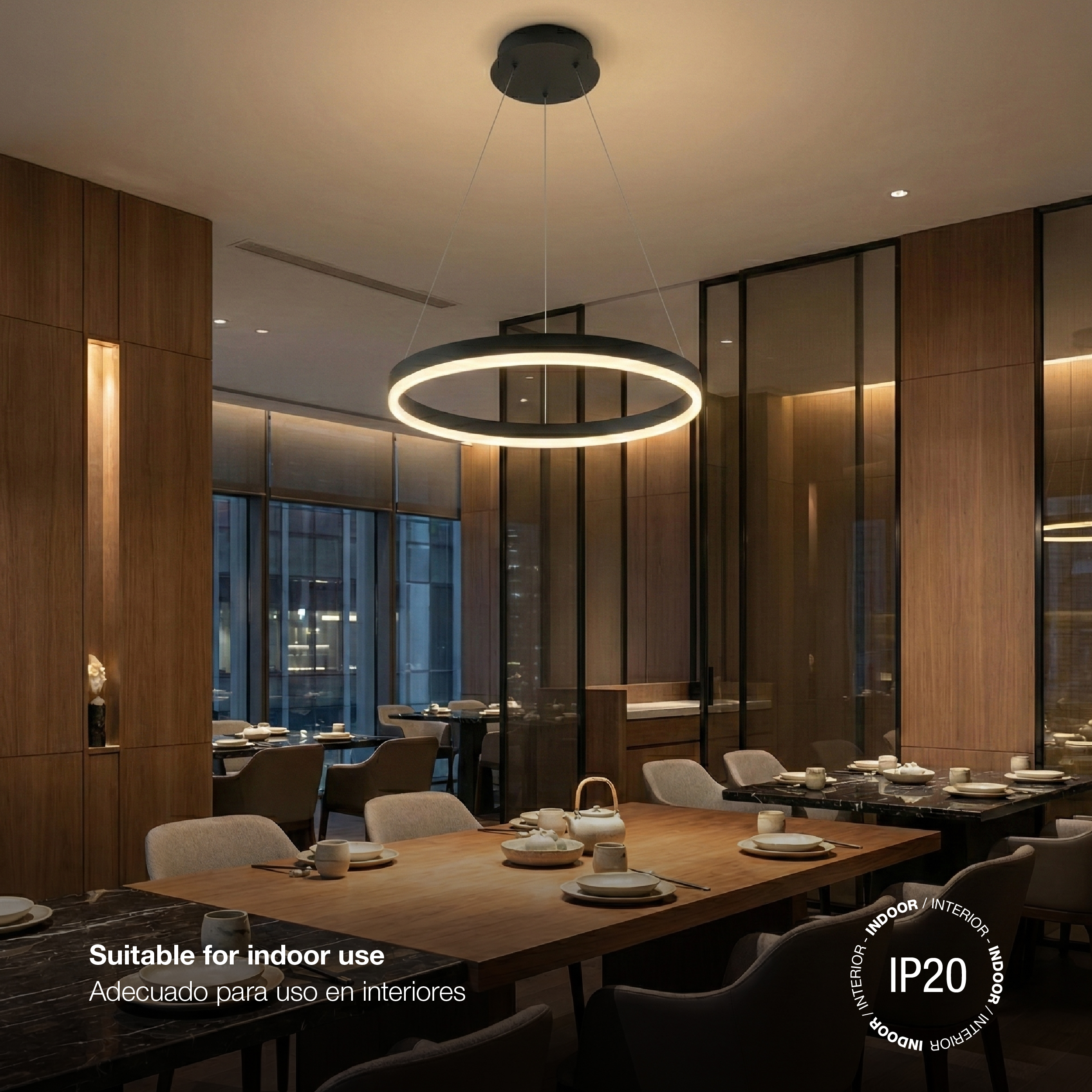 Lámpara LED Suspendida Aro Negro Ø80cm, 48W Blanco Cálido 3000K, 3264lm