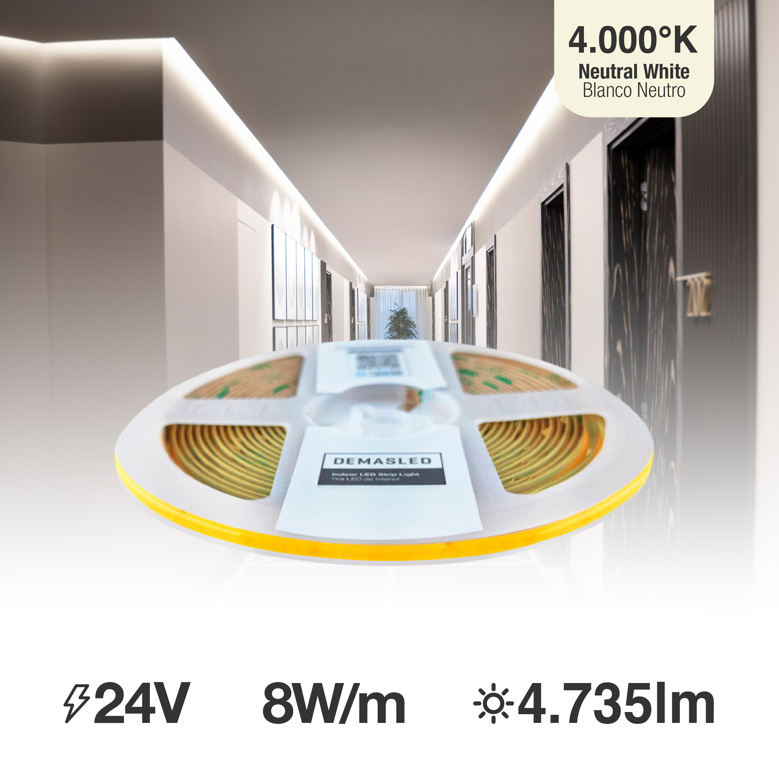 Tira LED COB 24V 8W/m Blanco Neutro 540lm/m 504LEDs/m, 5mm PCB IP33 x5m