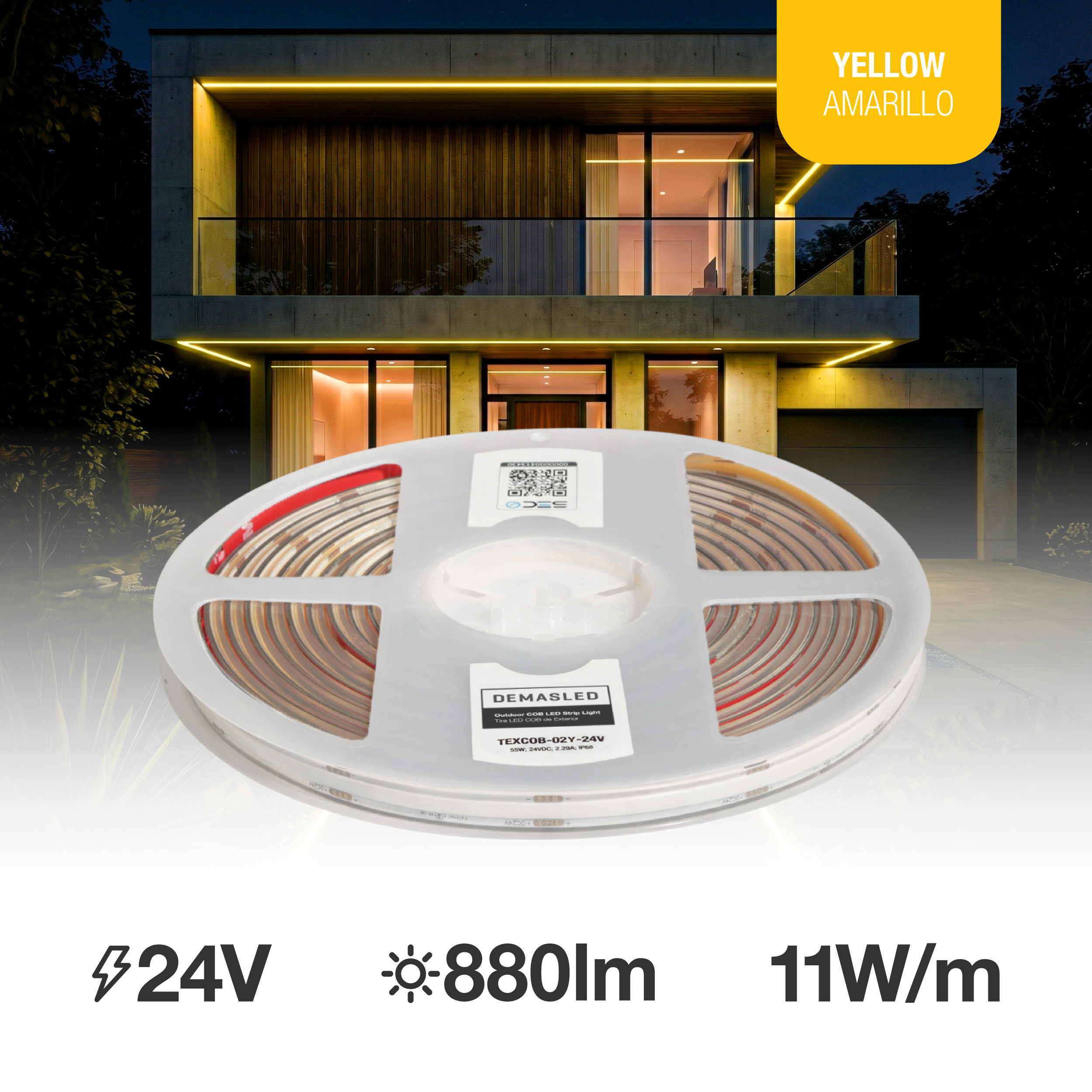 Tira LED COB 24V 11W/m Amarillo 550lm/m, 8mm, IP68, 5m