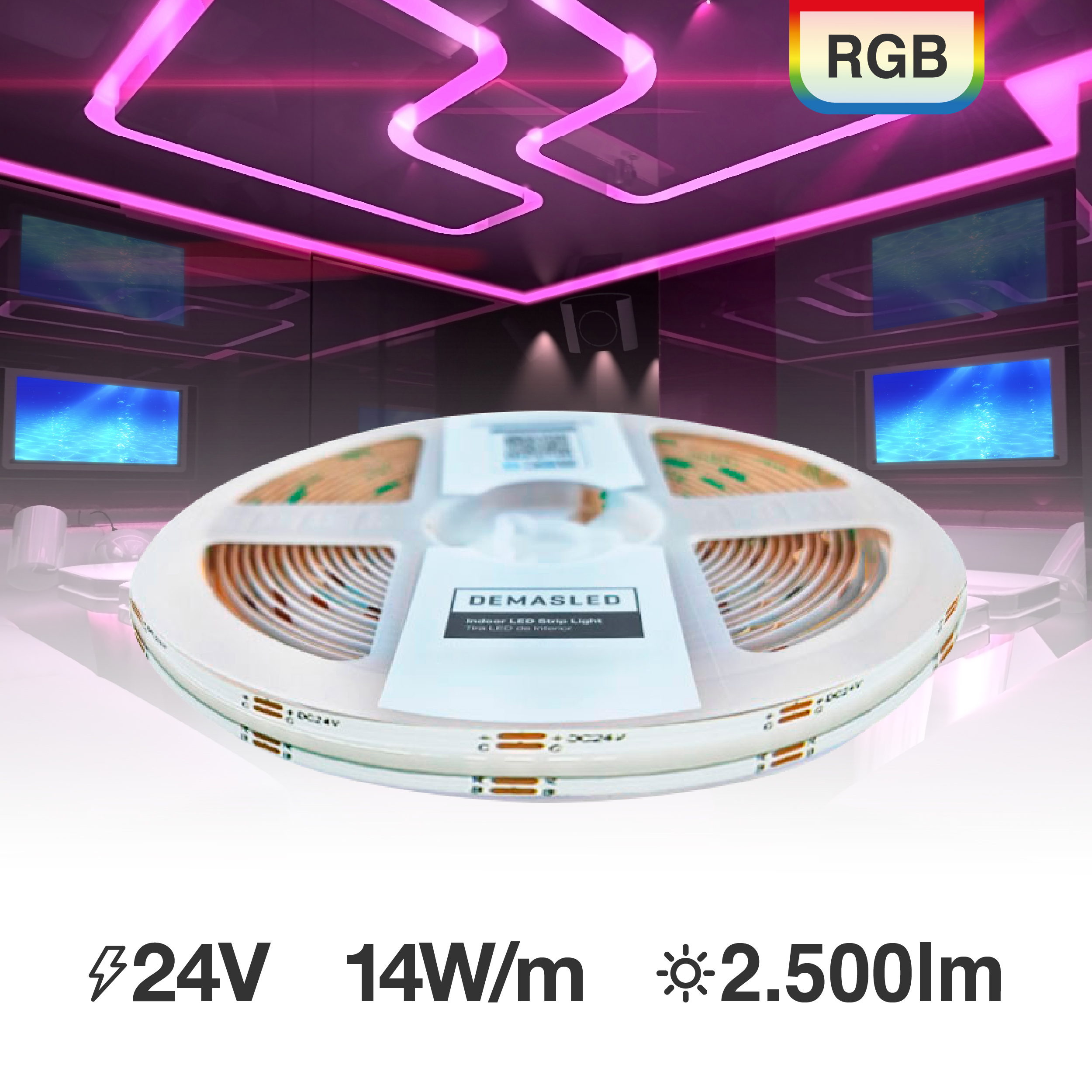 Tira LED COB 24V 14W/m, RGB 500lm/m 576LEDs/m, 10mm PBC, 5m
