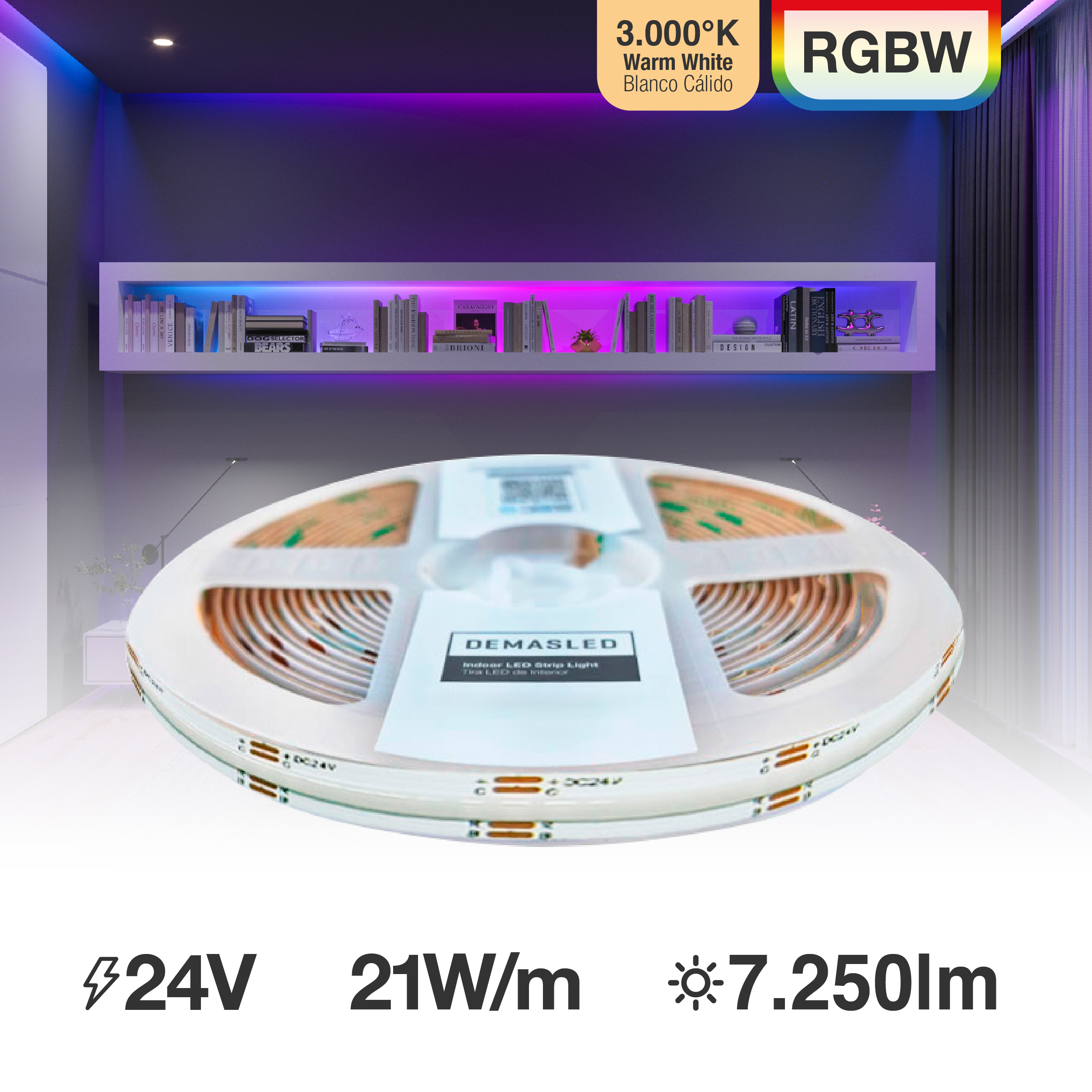 Tira LED COB Pixel 24V 21W/m RGB+Blanco Cálido 3000°K, 10mm PCB IP33 x5m