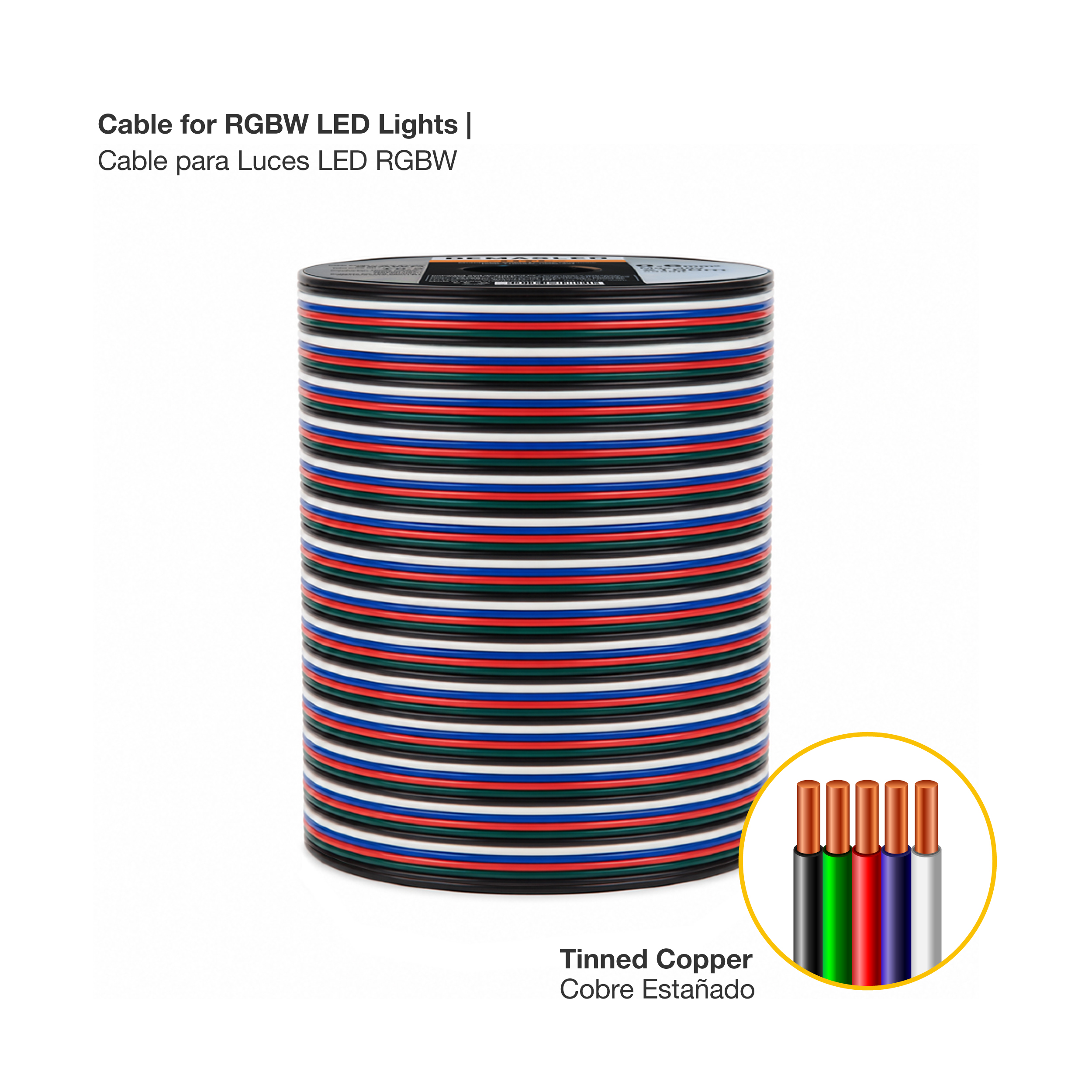 Cable 5 polos de 0.6mm RGBW - 5x0.6mm (22AWG) - 48V Máx. x100m 