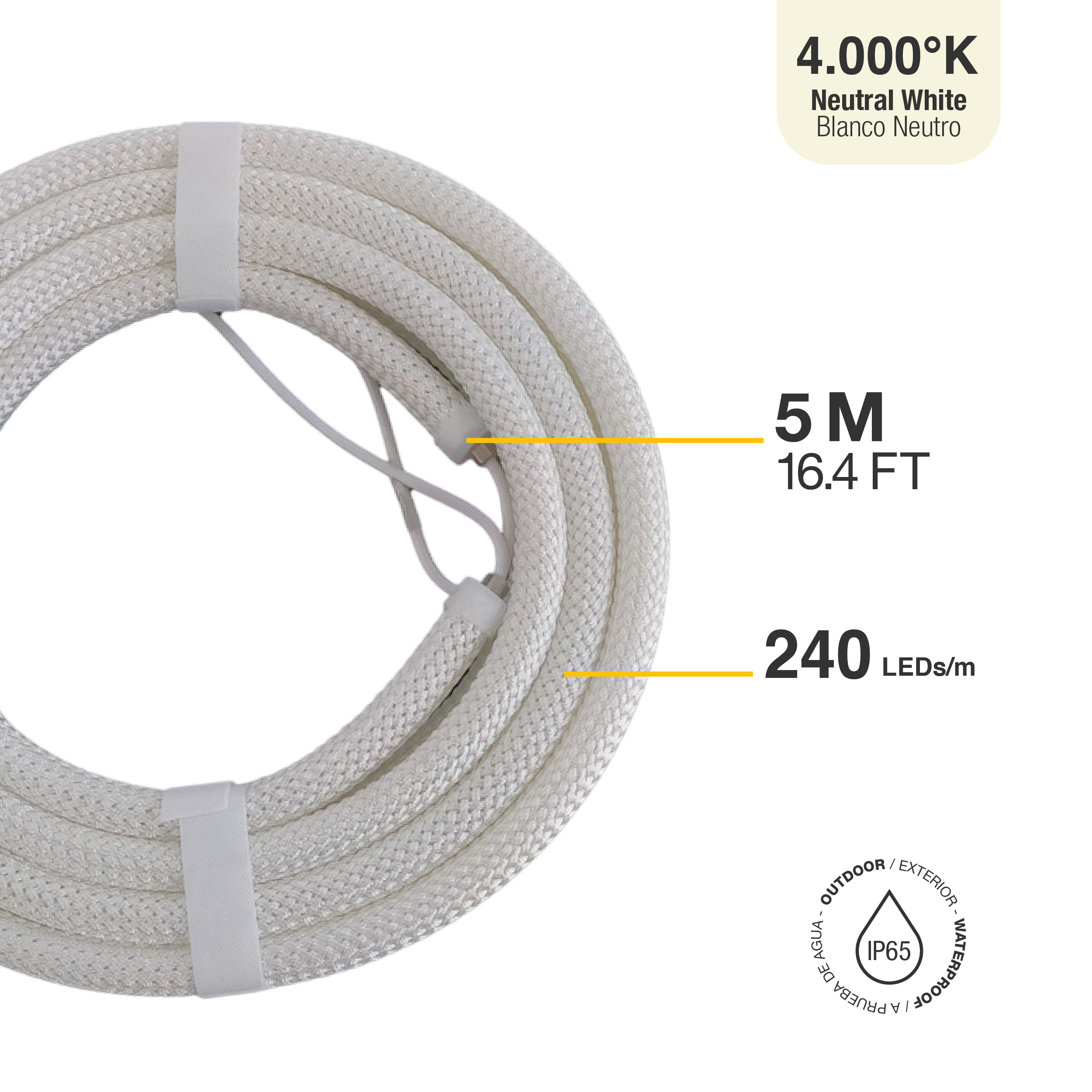 Tira LED Neón Flexible SMD2835, 24V 24W/m, Blanco Neutro 240LEDs/m, 5m 